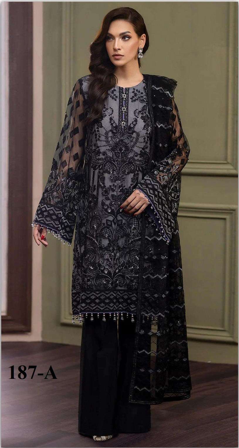 DESIGNER WEDDING PARTY WEAR STRAIGHT WINE BLUW ORGANZA PAKISTANI SALWAR SUIT SHF 187 A