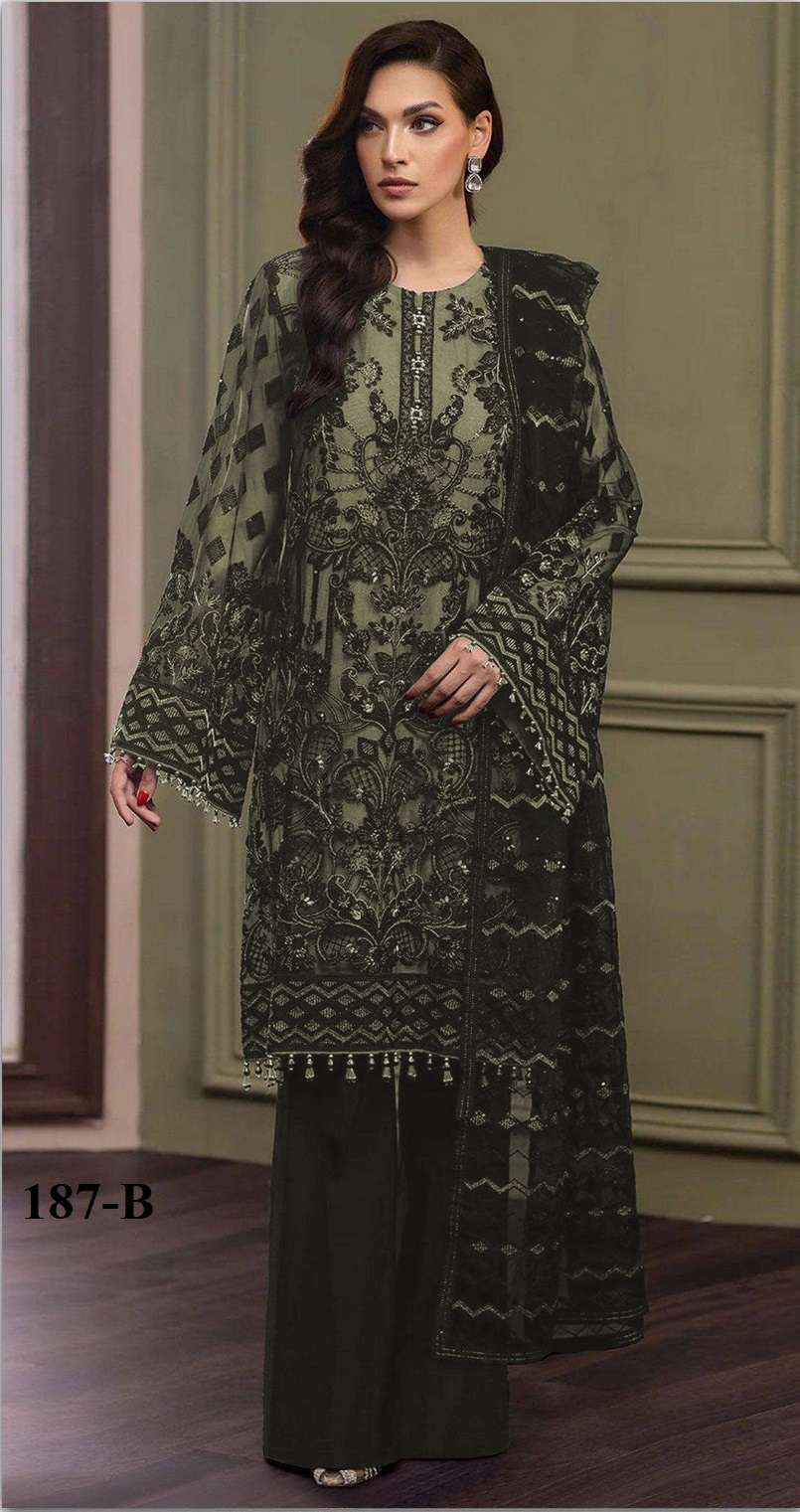 DESIGNER WEDDING PARTY WEAR STRAIGHT WINE GREEN ORGANZA PAKISTANI SALWAR SUIT SHF 187 B