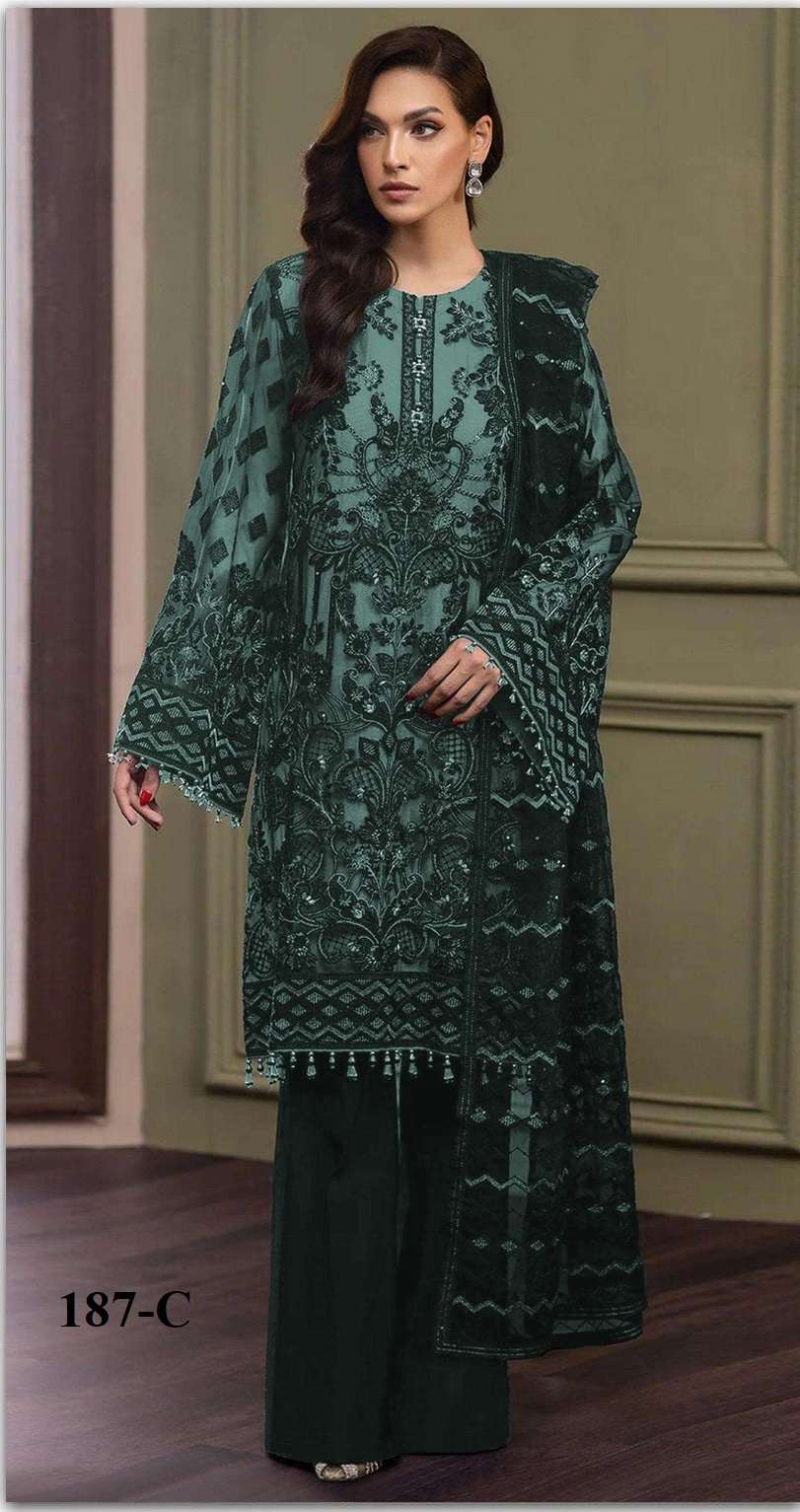 DESIGNER WEDDING PARTY WEAR STRAIGHT WINE TEAL BLUE ORGANZA PAKISTANI SALWAR SUIT SHF 187 C