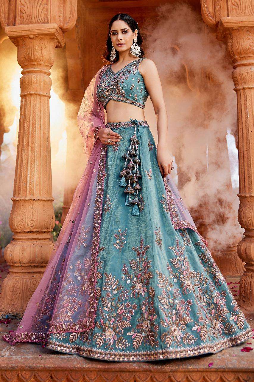 INDIAN DESIGNER BOLLYWOOD BRIDAL WEDDING PARTY WEAR HEAVY TISSUE SILK BLUE HAND WORK LEHENGA CHOLI NT 6136