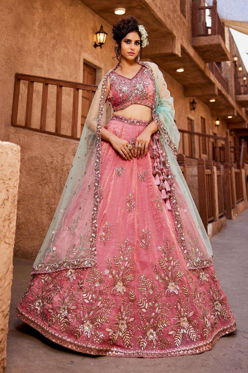 INDIAN DESIGNER BOLLYWOOD BRIDAL WEDDING PARTY WEAR HEAVY TISSUE SILK PINK HAND WORK LEHENGA CHOLI NT 6136