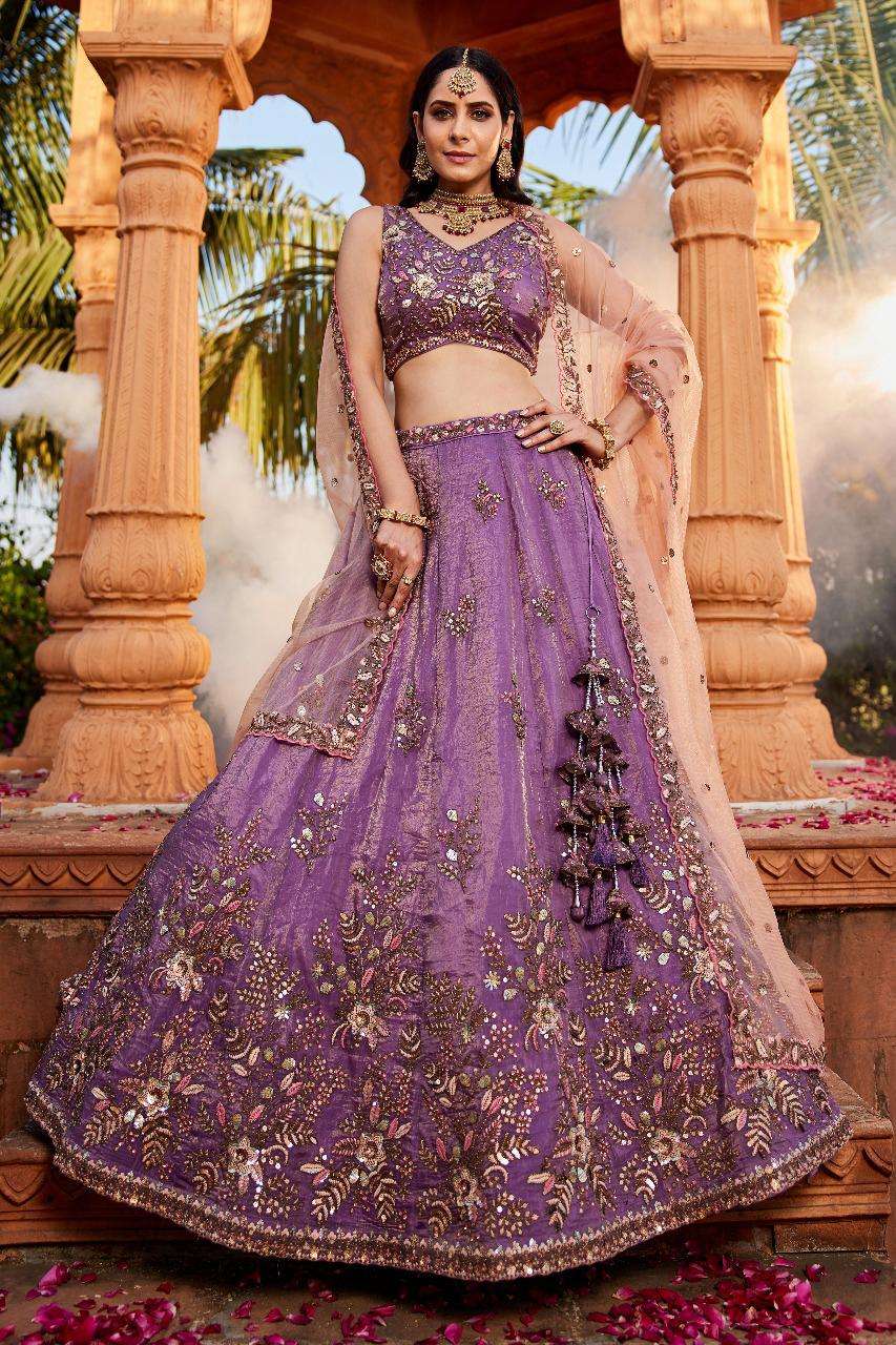 INDIAN DESIGNER BOLLYWOOD BRIDAL WEDDING PARTY WEAR HEAVY TISSUE SILK PURPLE HAND WORK LEHENGA CHOLI NT 6136