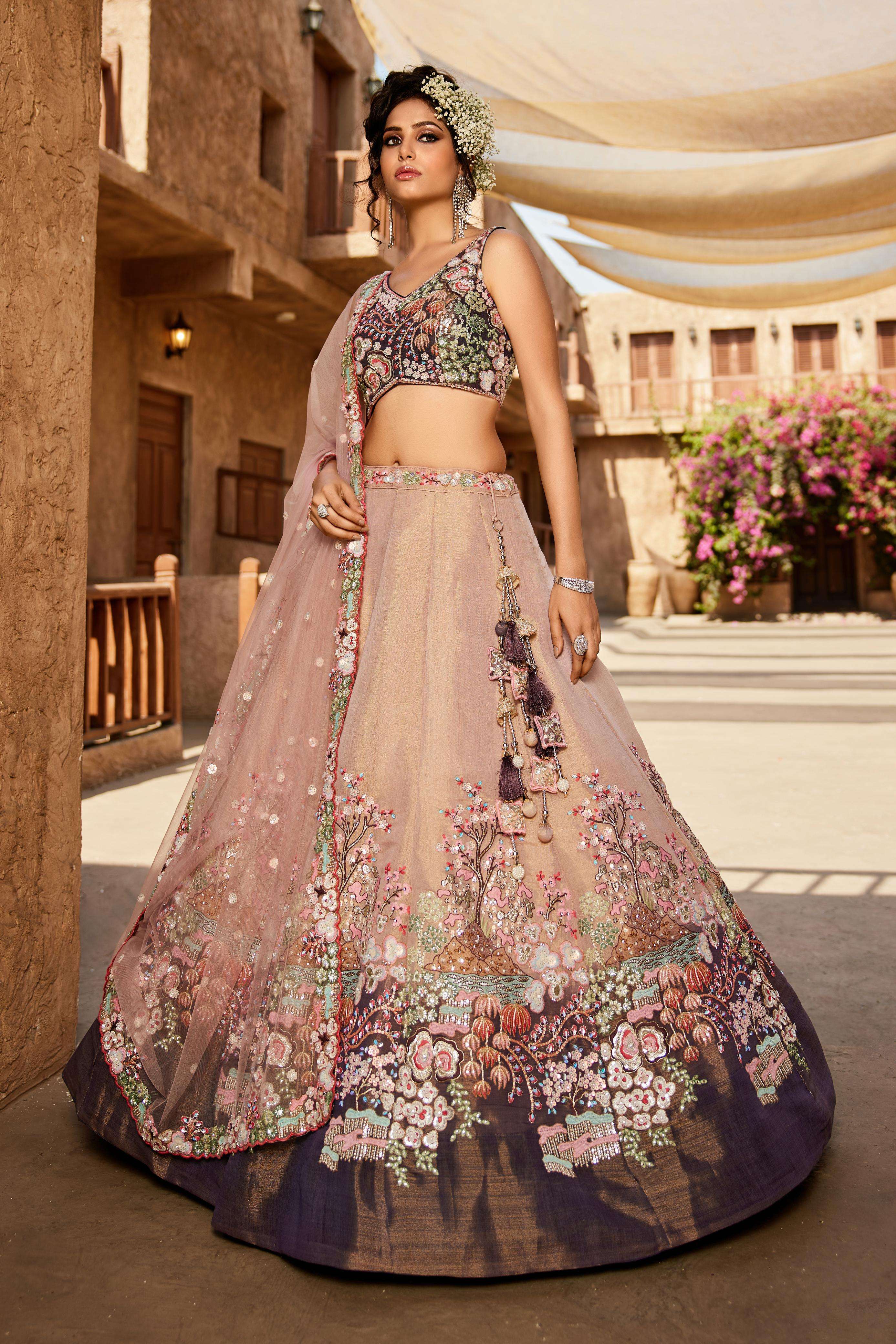 INDIAN DESIGNER BOLLYWOOD BRIDAL WEDDING PARTY WEAR SILK PEACH HANDWORK LEHENGA CHOLI NT 6131 A