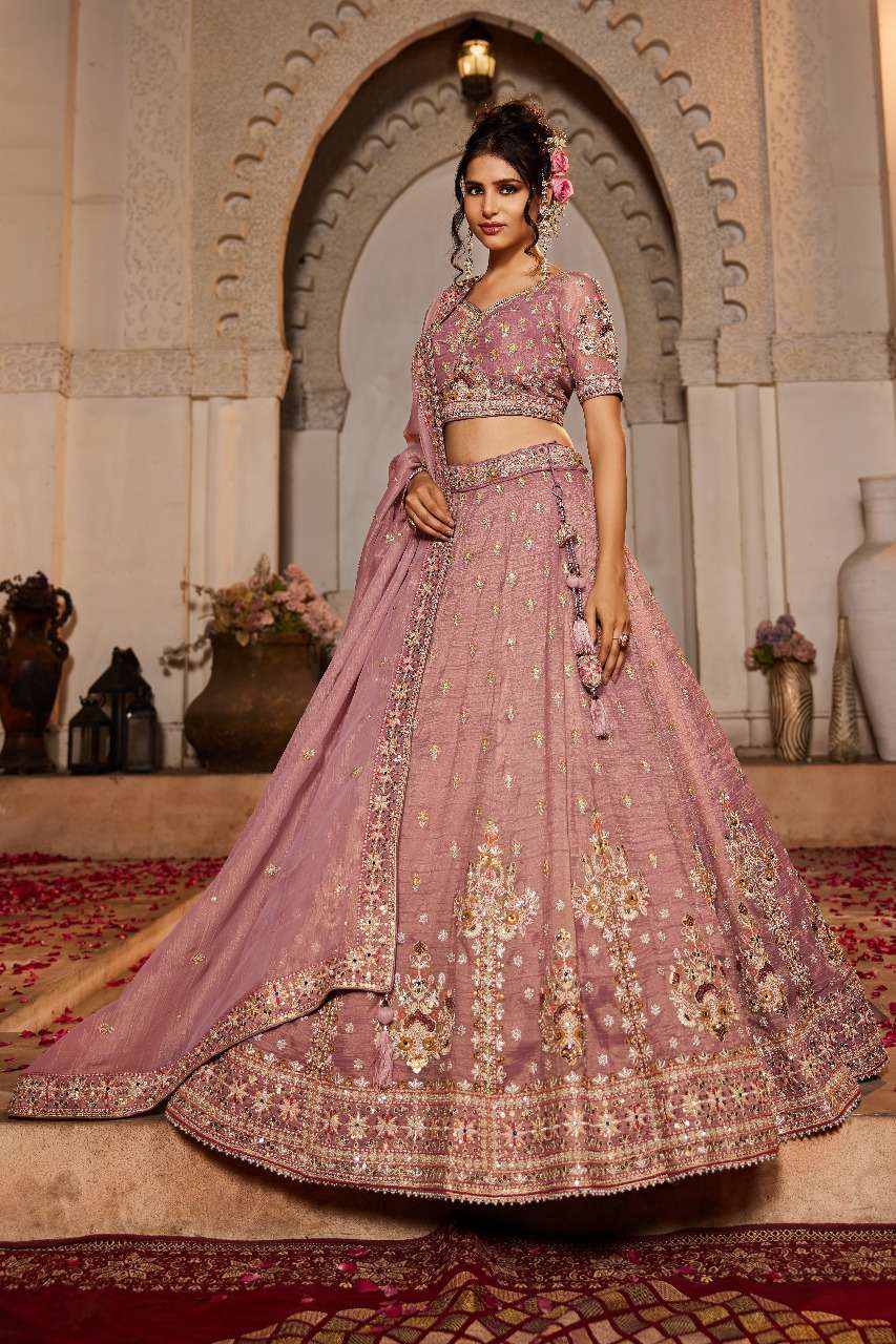 INDIAN DESIGNER BOLLYWOOD BRIDAL WEDDING PARTY WEAR HEAVY PINK TISSUE SILK HAND WORK LEHENGA CHOLI NT 6106 B
