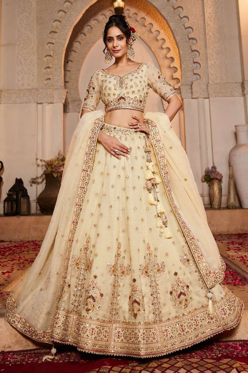 INDIAN DESIGNER BOLLYWOOD BRIDAL WEDDING PARTY WEAR HEAVY BEIGE TISSUE SILK HAND WORK LEHENGA CHOLI NT 6106 C