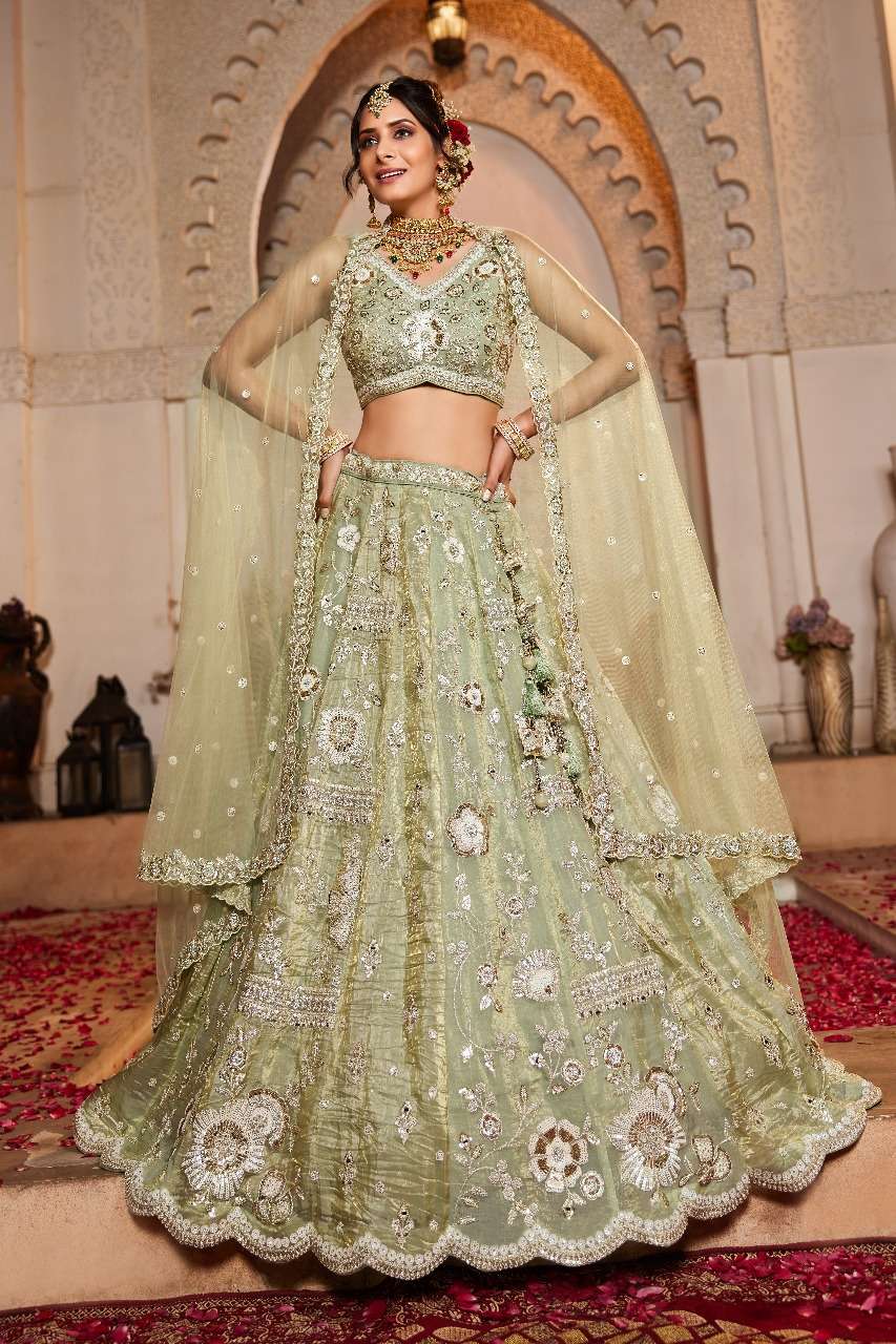 INDIAN DESIGNER BOLLYWOOD BRIDAL WEDDING PARTY WEAR HEAVY GREEN TISSUE SILK HAND WORK LEHENGA CHOLI NT 6108 A