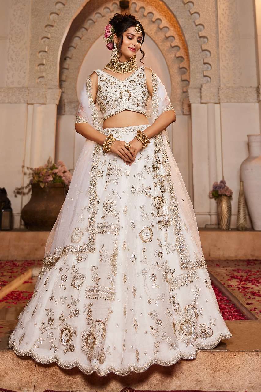 INDIAN DESIGNER BOLLYWOOD BRIDAL WEDDING PARTY WEAR HEAVY WHITE TISSUE SILK HAND WORK LEHENGA CHOLI NT 6108 b
