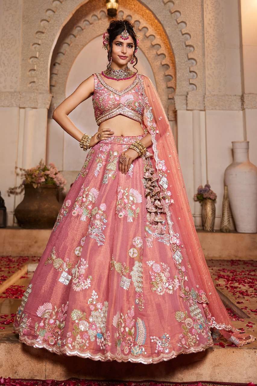 INDIAN DESIGNER BOLLYWOOD BRIDAL WEDDING PARTY WEAR HEAVY HAND WORK NET PINK LEHENGA CHOLI NT 6118 B
