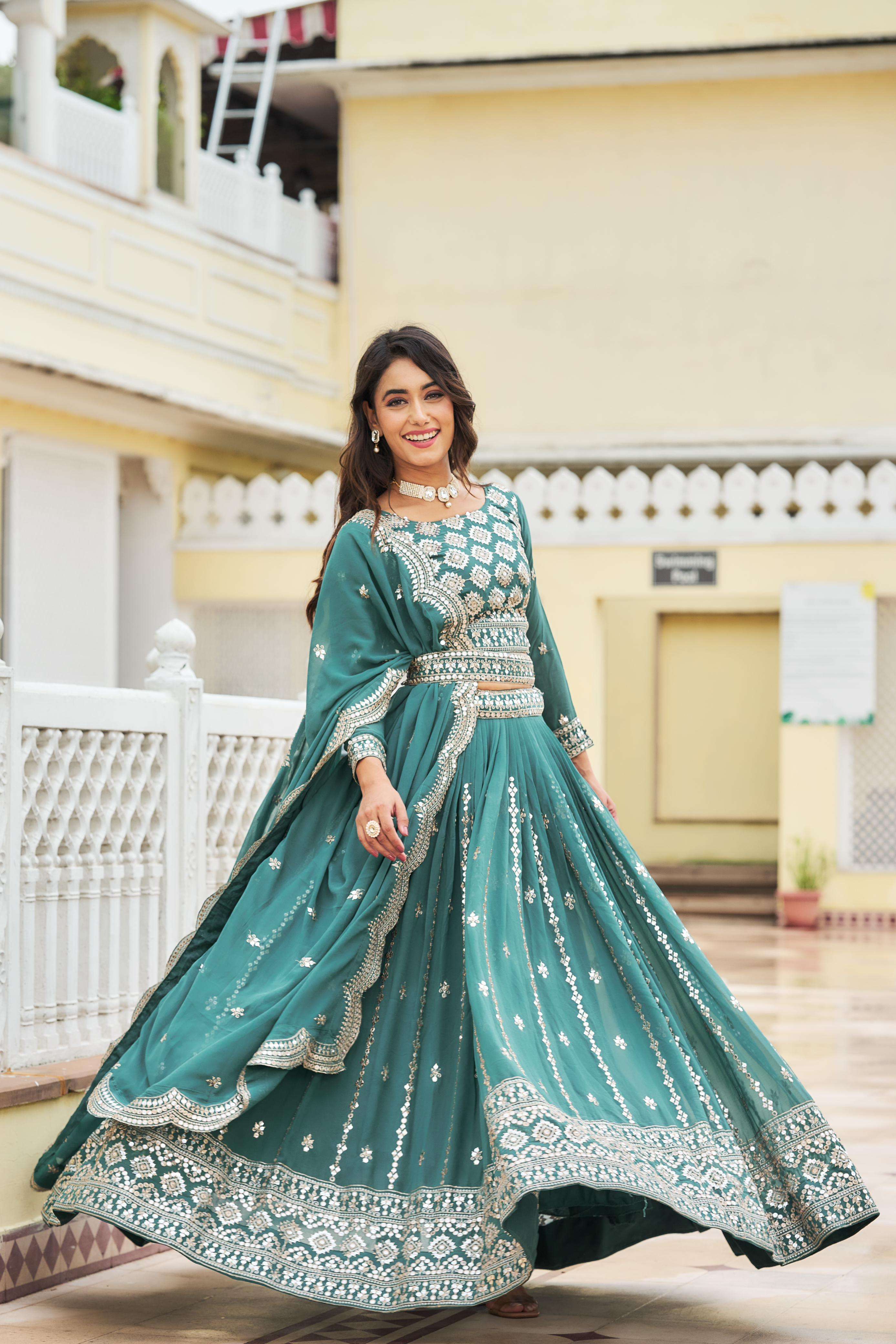 INDIAN DESIGNER BOLLYWOOD WEDDING PARTY WEAR FAUX GEORGETTE READYMADE BLUE GREEN LEHENGA CHOLI PC 26 A
