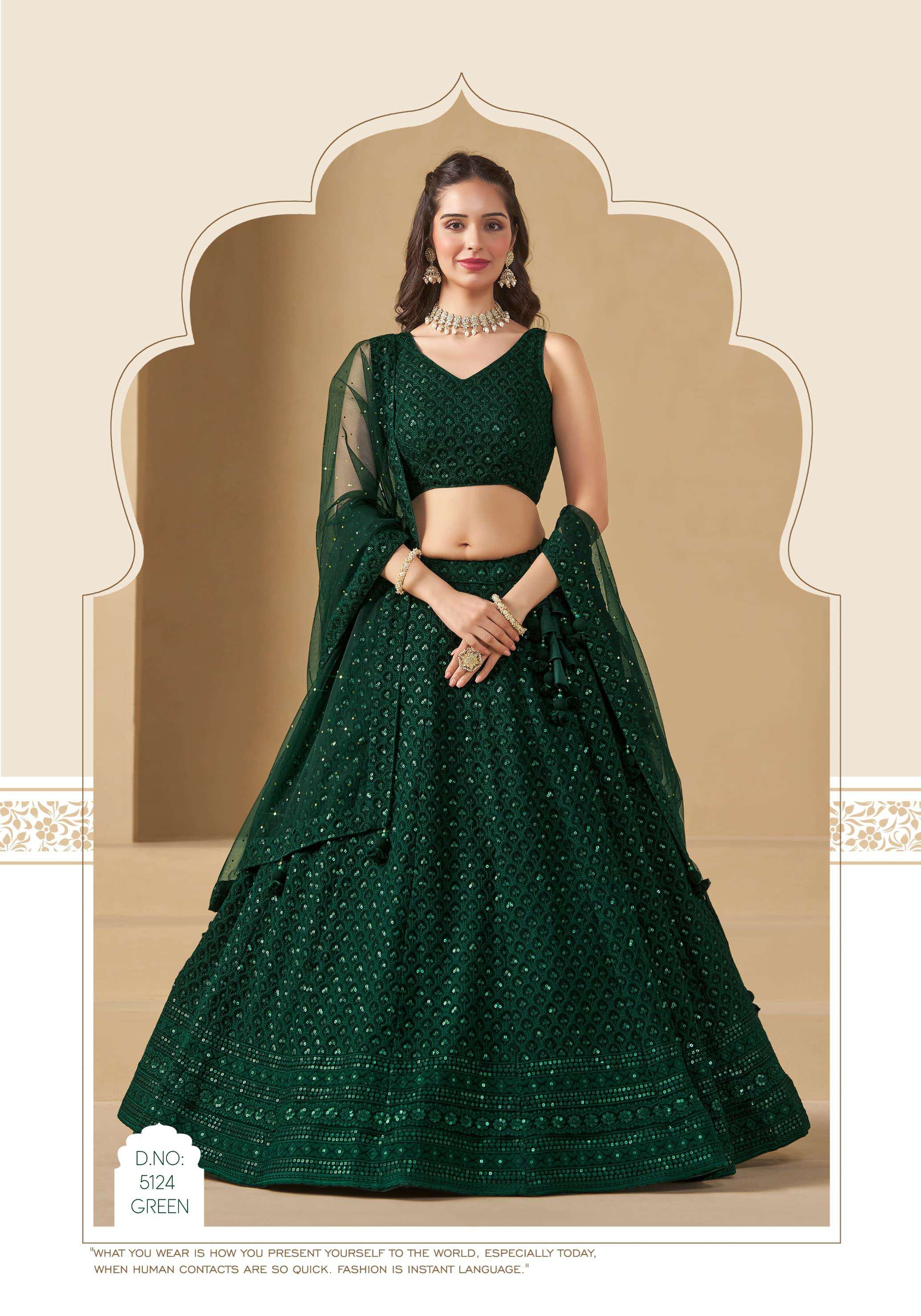INDIAN DESIGNER BOLLYWOOD WEDDING PARTY WEAR GREEN GEORGETTE LEHENGA CHOLI ZC 5124 C