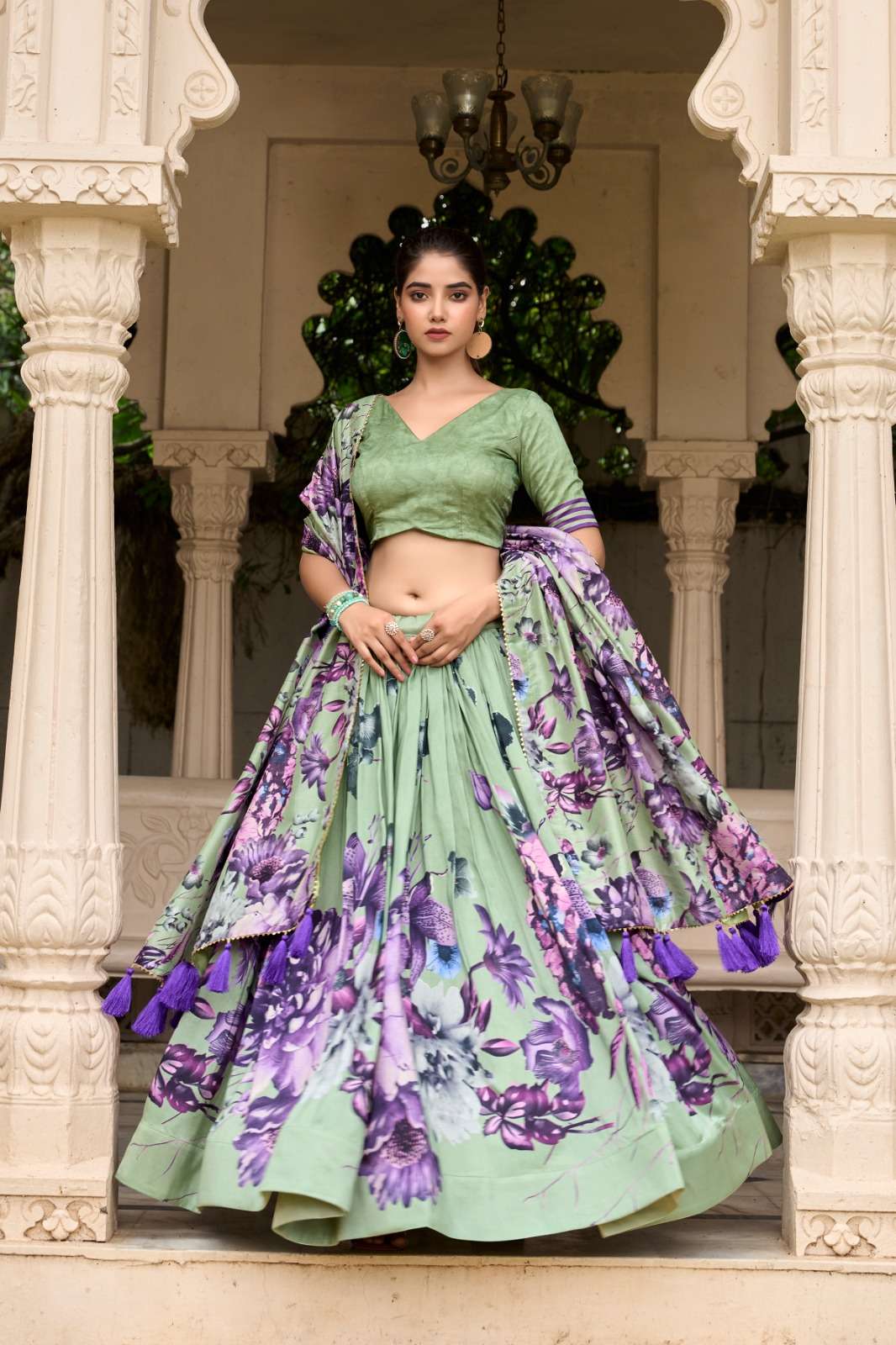 INDIAN DESIGNER BOLLYWOOD WEDDING PARTY WEAR GREEN PRINTED TISSUE SILK LEHENGA CHOLI LNB 1225 B