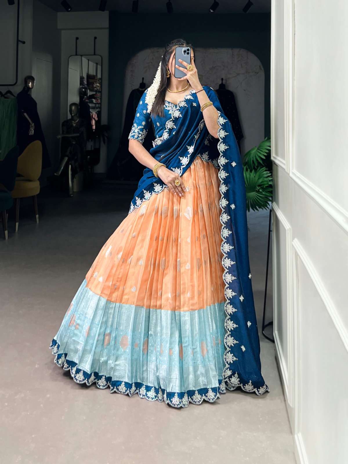 INDIAN DESIGNER BOLLYWOOD WEDDING PARTY WEAR ORANGE KOTA SILK LEHENGA CHOLI LNB 2024 A