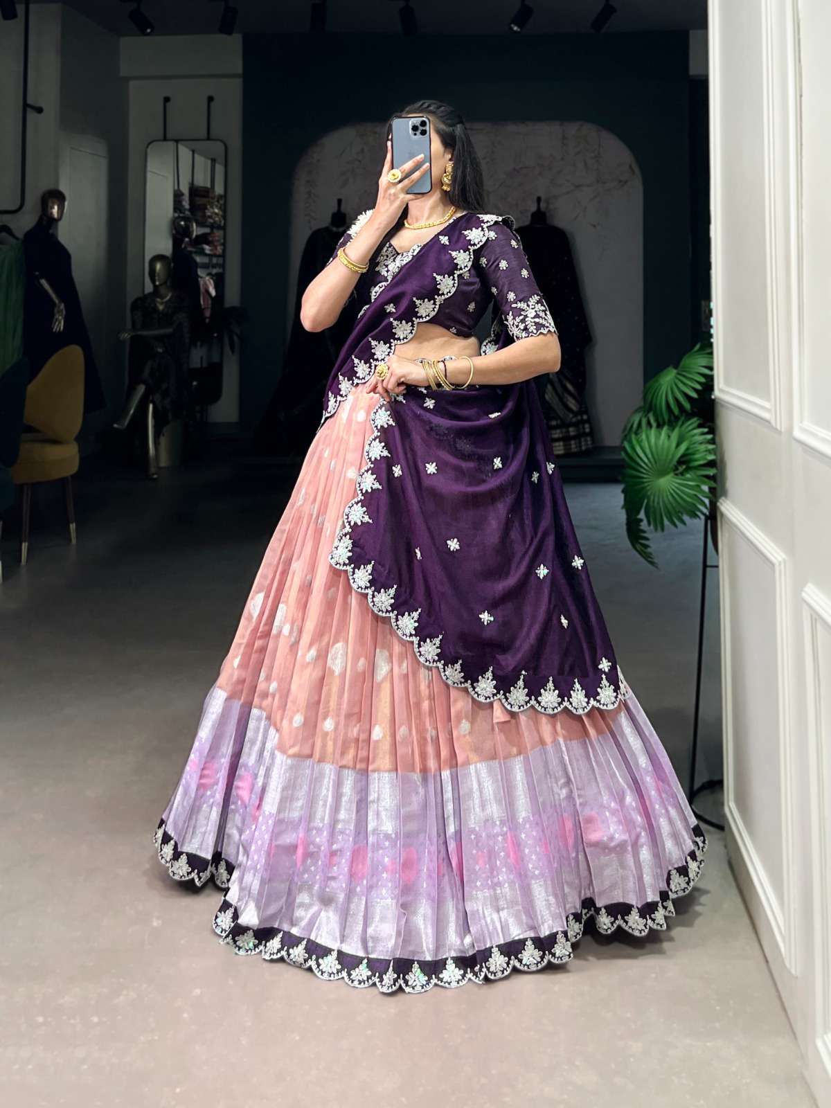 INDIAN DESIGNER BOLLYWOOD WEDDING PARTY WEAR PEACH KOTA SILK LEHENGA CHOLI LNB 2024 B