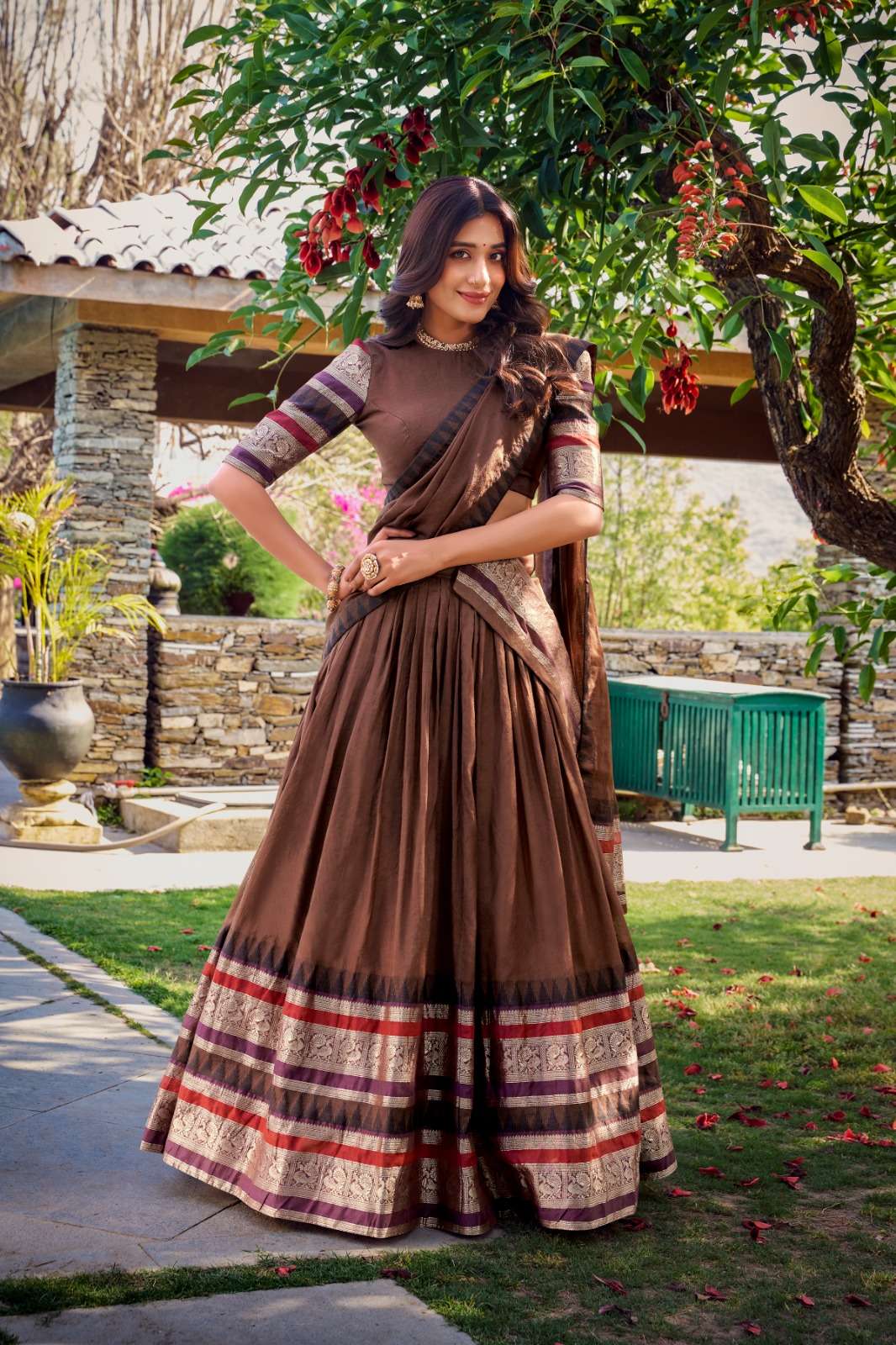 INDIAN DESIGNER BOLLYWOOD WEDDING PARTY WEAR PURE CHANDERI BROWN LEHENGA CHOLI LB 1902 D