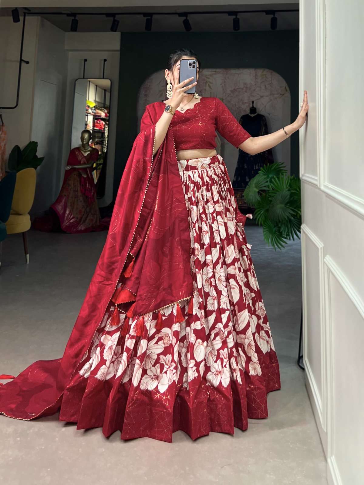 INDIAN DESIGNER BOLLYWOOD WEDDING PARTY WEAR RED PRINTED TISSUE SILK LEHENGA CHOLI LNB 1213