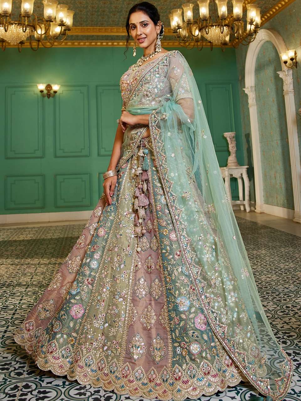 INDIAN DESIGNER BRIDAL WEDDING WEAR PREMIUM QUALITY MULTICOLOR NET LEHENGA CHOLI WITH HAND EMBROIDERY WORK NT 6076