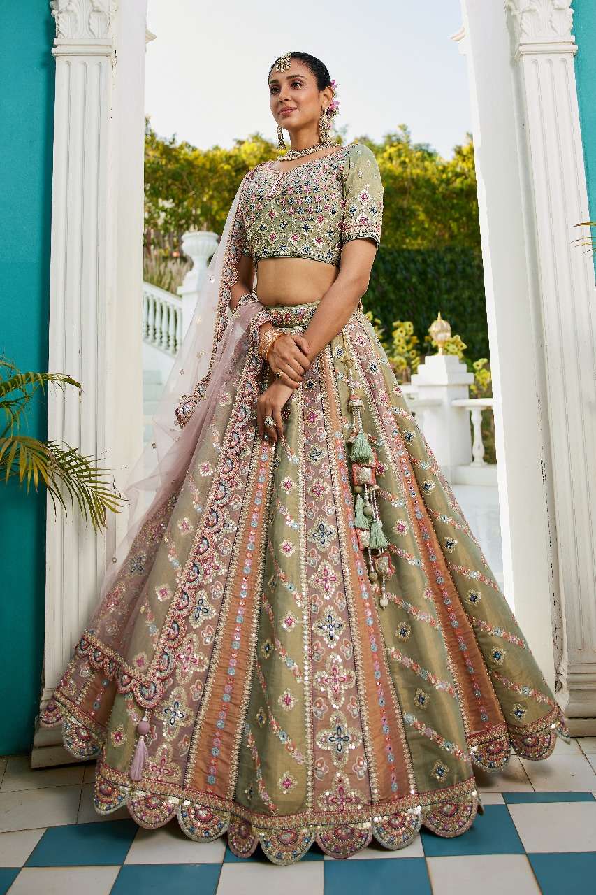 INDIAN DESIGNER BRIDAL WEDDING WEAR PREMIUM QUALITY NET LIME GREEN LEHENGA CHOLI WITH HAND EMBROIDERY WORK NT 6114 A