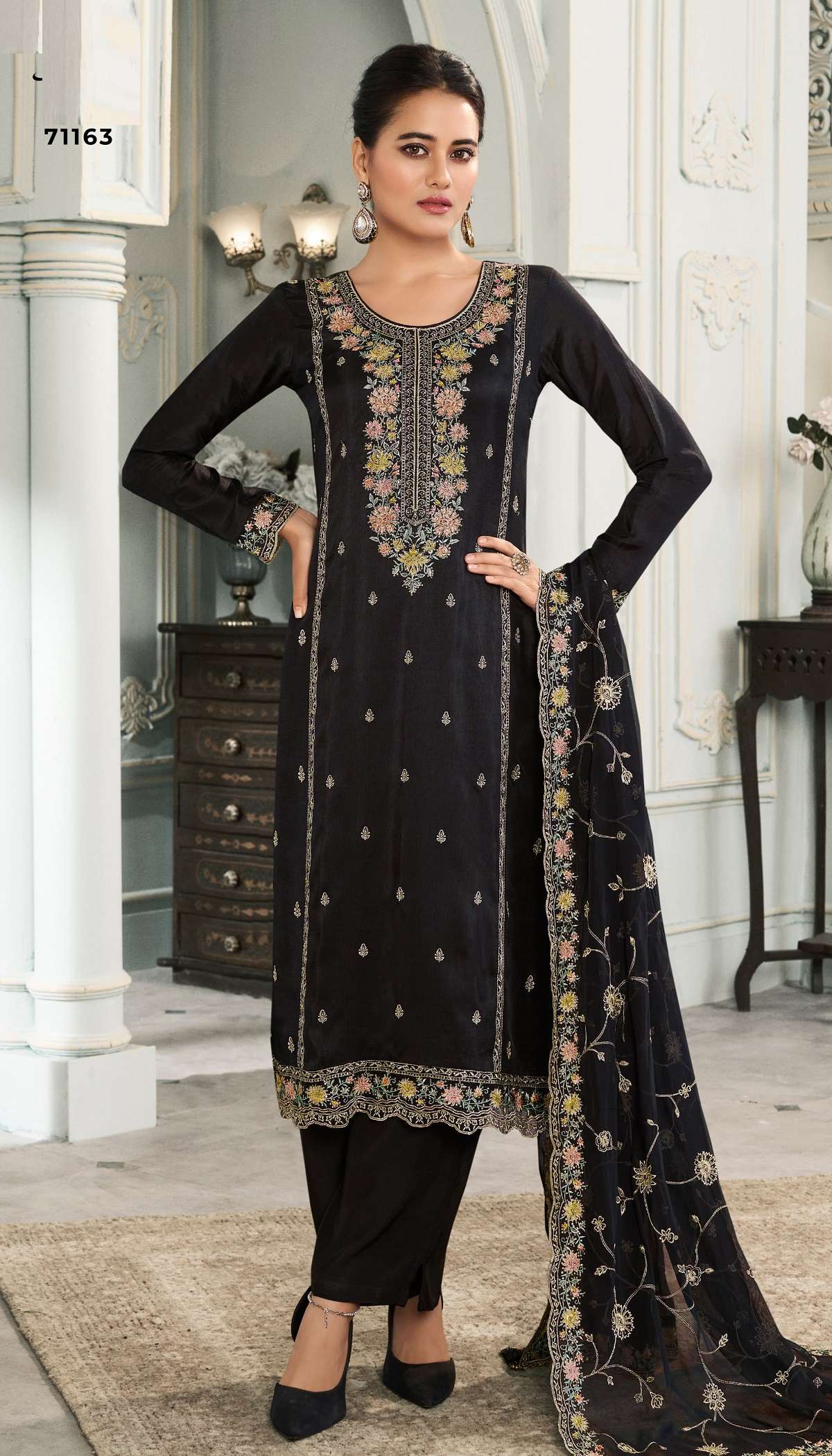 INDIAN DESIGNER FANCY WEDDING PARTY WEAR BLACK SILK SALWAR SUITRH MULTY 71163