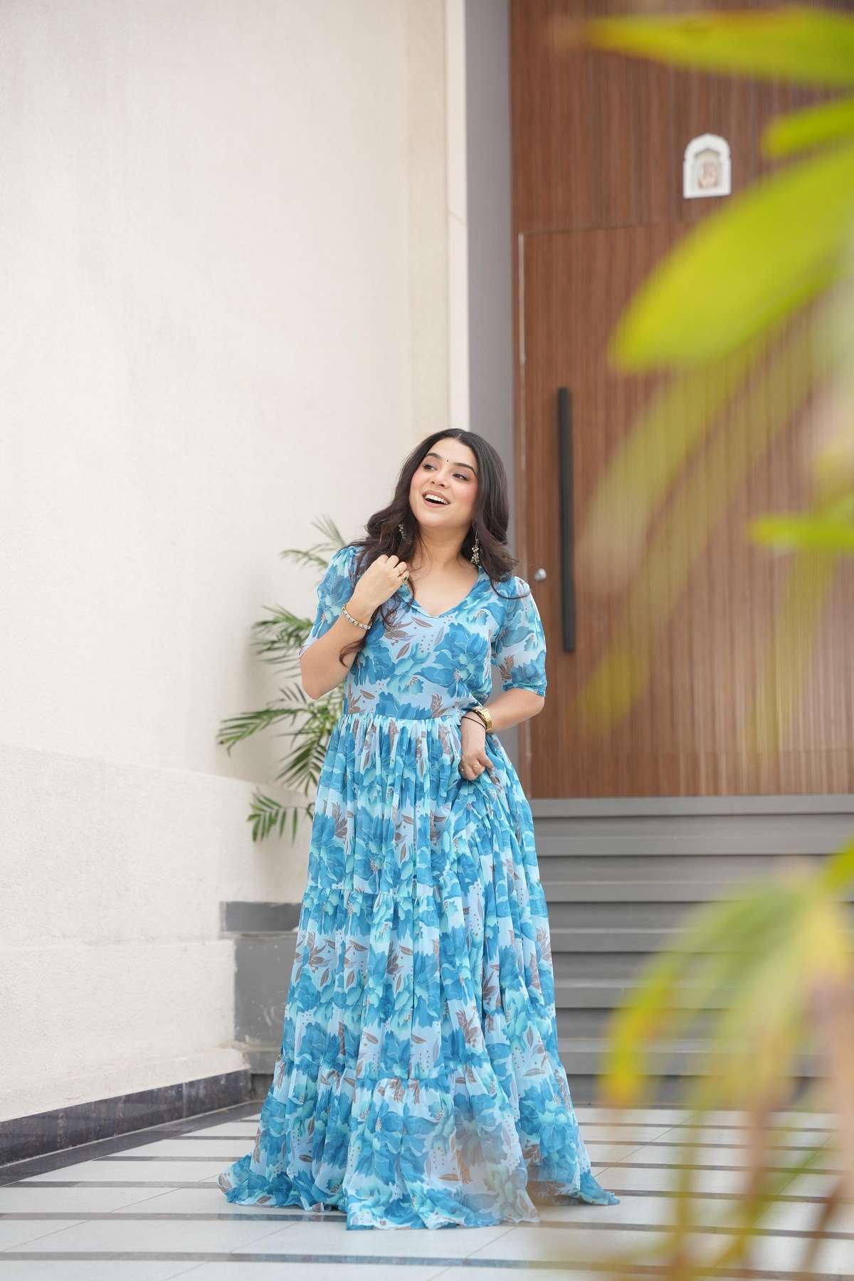 INDIAN DESIGNER FANCY WEDDING PARTY WEAR BLOOMING GEORGETTE SKY BLUE ANARKALI SALWAR SUIT LW 9228 A