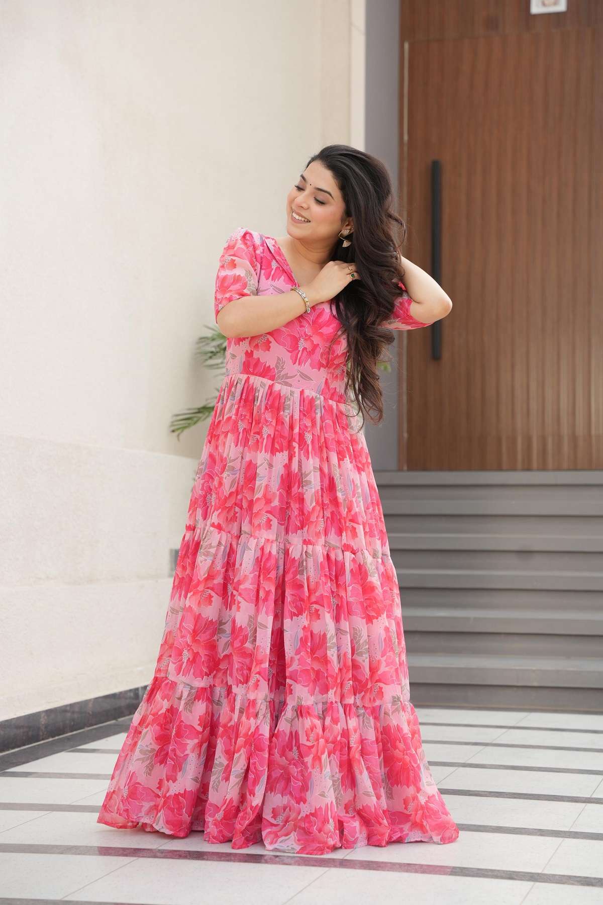 INDIAN DESIGNER FANCY WEDDING PARTY WEAR BLOOMING GEORGETTE PINK ANARKALI SALWAR SUIT LW 9228 B