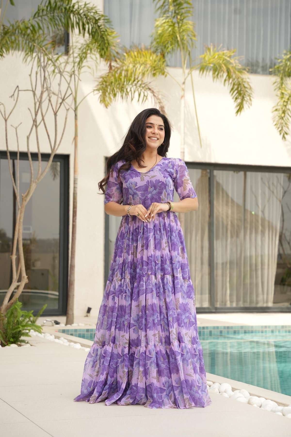 INDIAN DESIGNER FANCY WEDDING PARTY WEAR BLOOMING GEORGETTE PURLE ANARKALI SALWAR SUIT LW 9228 C