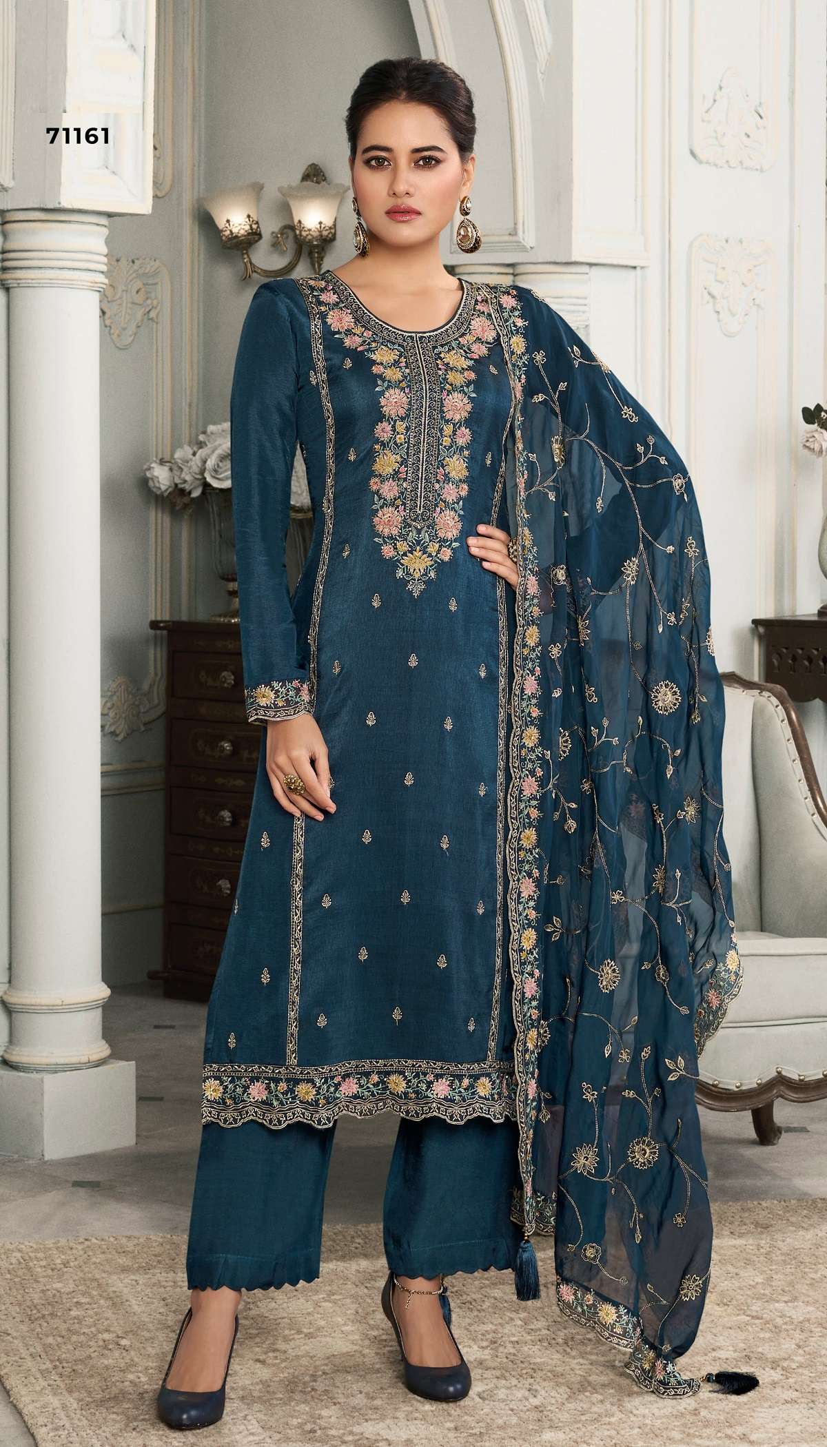 INDIAN DESIGNER FANCY WEDDING PARTY WEAR BLUE SILK SALWAR SUITRH MULTY 71161