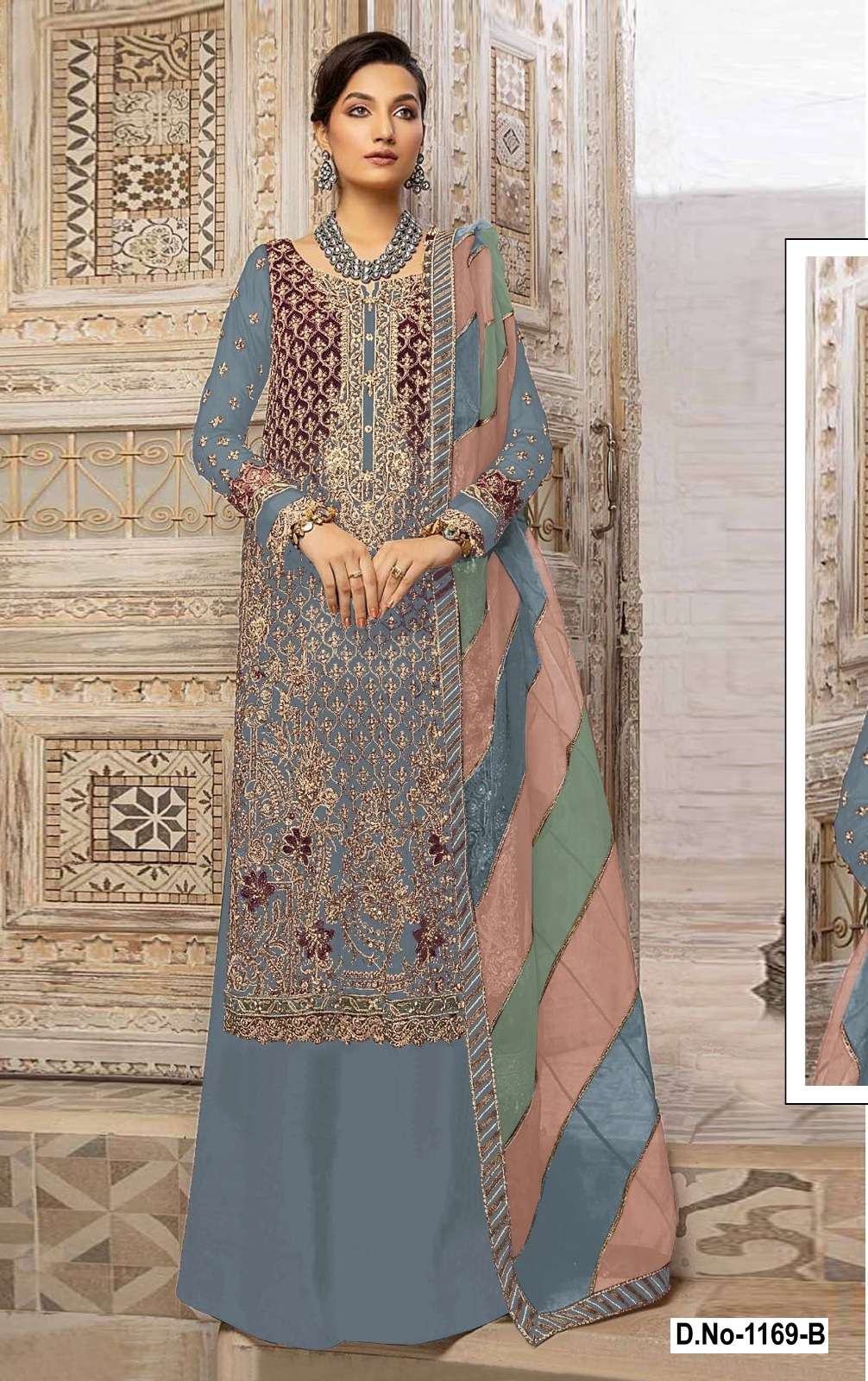 INDIAN DESIGNER FANCY WEDDING PARTY WEAR FAUX GEORGETTE GREY PALLAZO SHARARA SALWAR SUIT SHF 1169 B