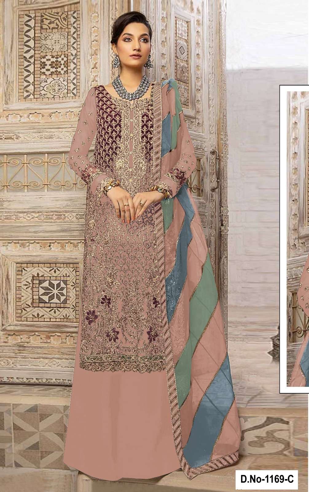 INDIAN DESIGNER FANCY WEDDING PARTY WEAR FAUX GEORGETTE PEACH PALLAZO SHARARA SALWAR SUIT SHF 1169 C