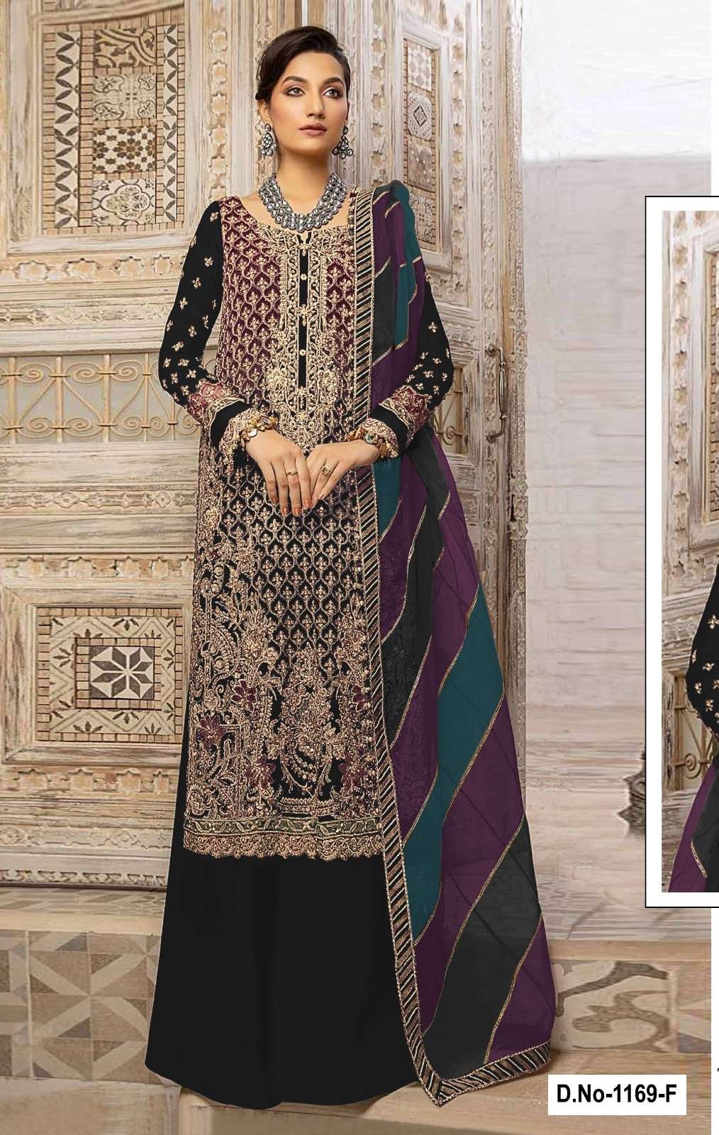 INDIAN DESIGNER FANCY WEDDING PARTY WEAR FAUX GEORGETTE BLACK PALLAZO SHARARA SALWAR SUIT SHF 1169 F