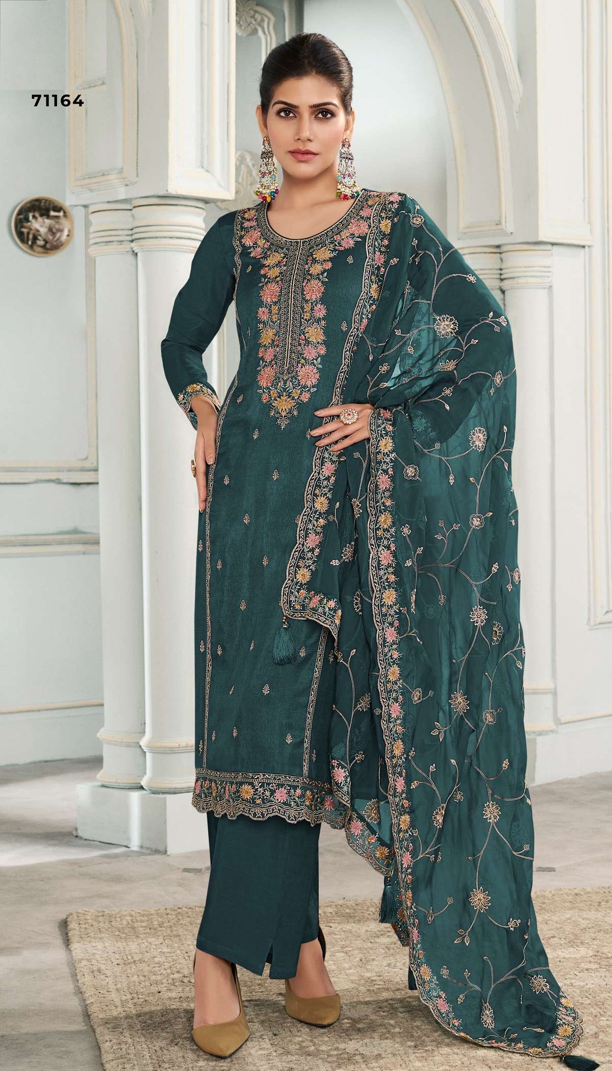 INDIAN DESIGNER FANCY WEDDING PARTY WEAR GREEN SILK SALWAR SUITRH MULTY 71164