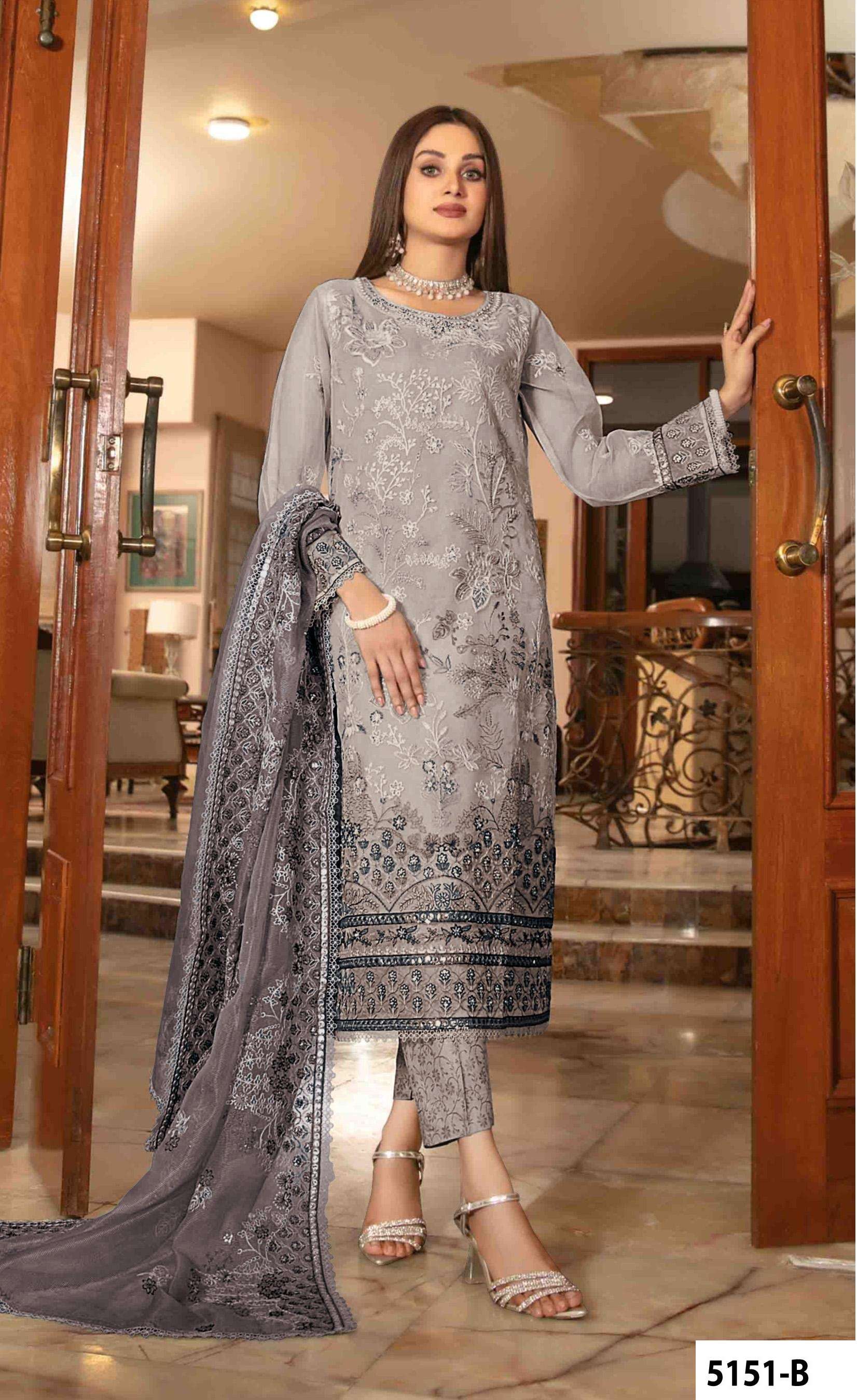 INDIAN DESIGNER FANCY WEDDING PARTY WEAR GREY ORGANZA SILK PAKISTANI SALWAR SUIT JG 5151 B