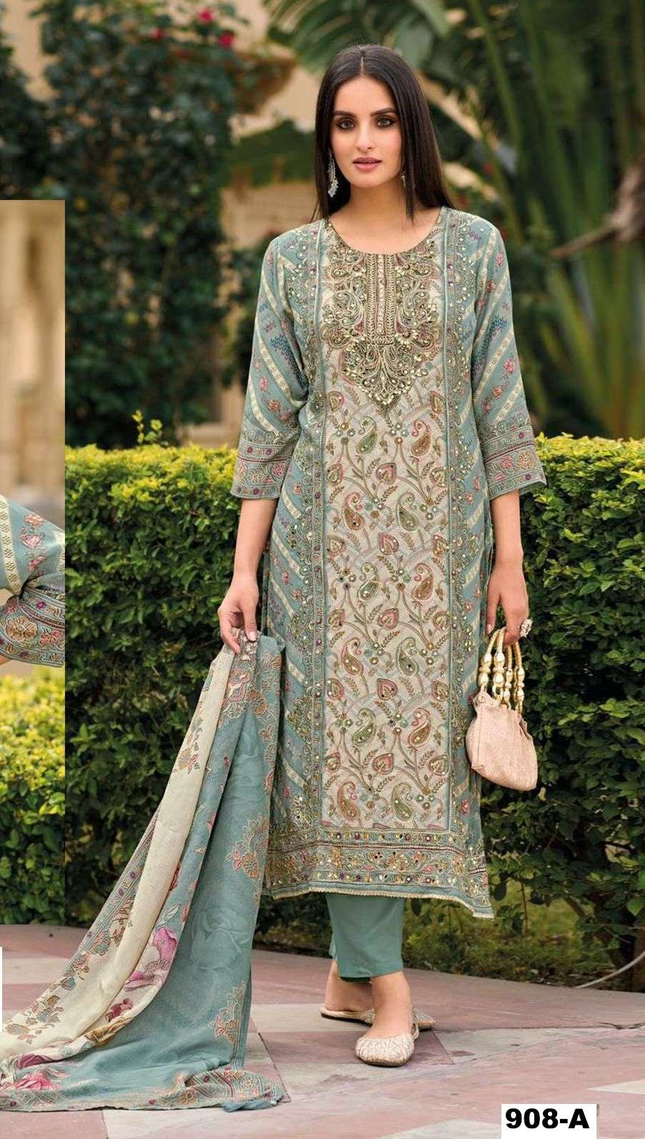 INDIAN DESIGNER FANCY WEDDING PARTY WEAR MUSLIN SILK SKY BLUE PAKISTANI SALWAR SUIT CP 908 A
