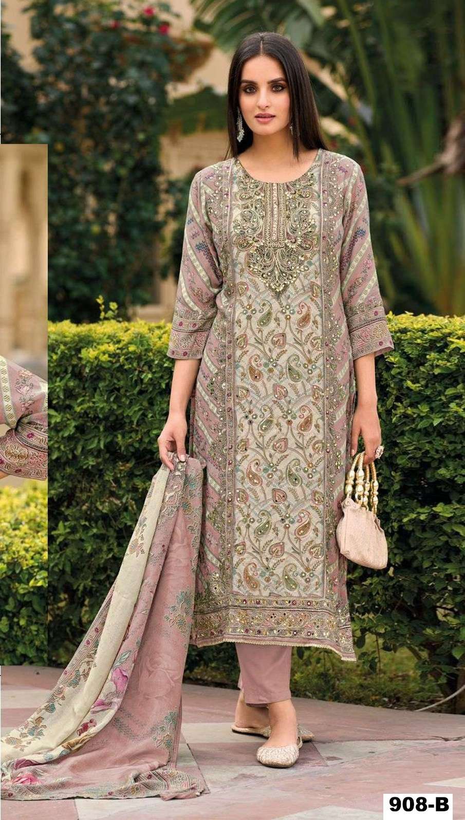 INDIAN DESIGNER FANCY WEDDING PARTY WEAR MUSLIN SILK PINK PAKISTANI SALWAR SUIT CP 908 B