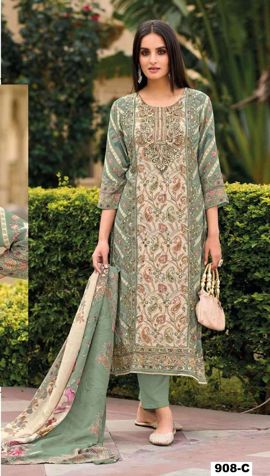 INDIAN DESIGNER FANCY WEDDING PARTY WEAR MUSLIN SILK PAKISTANI GREEN SALWAR SUIT CP 908 C