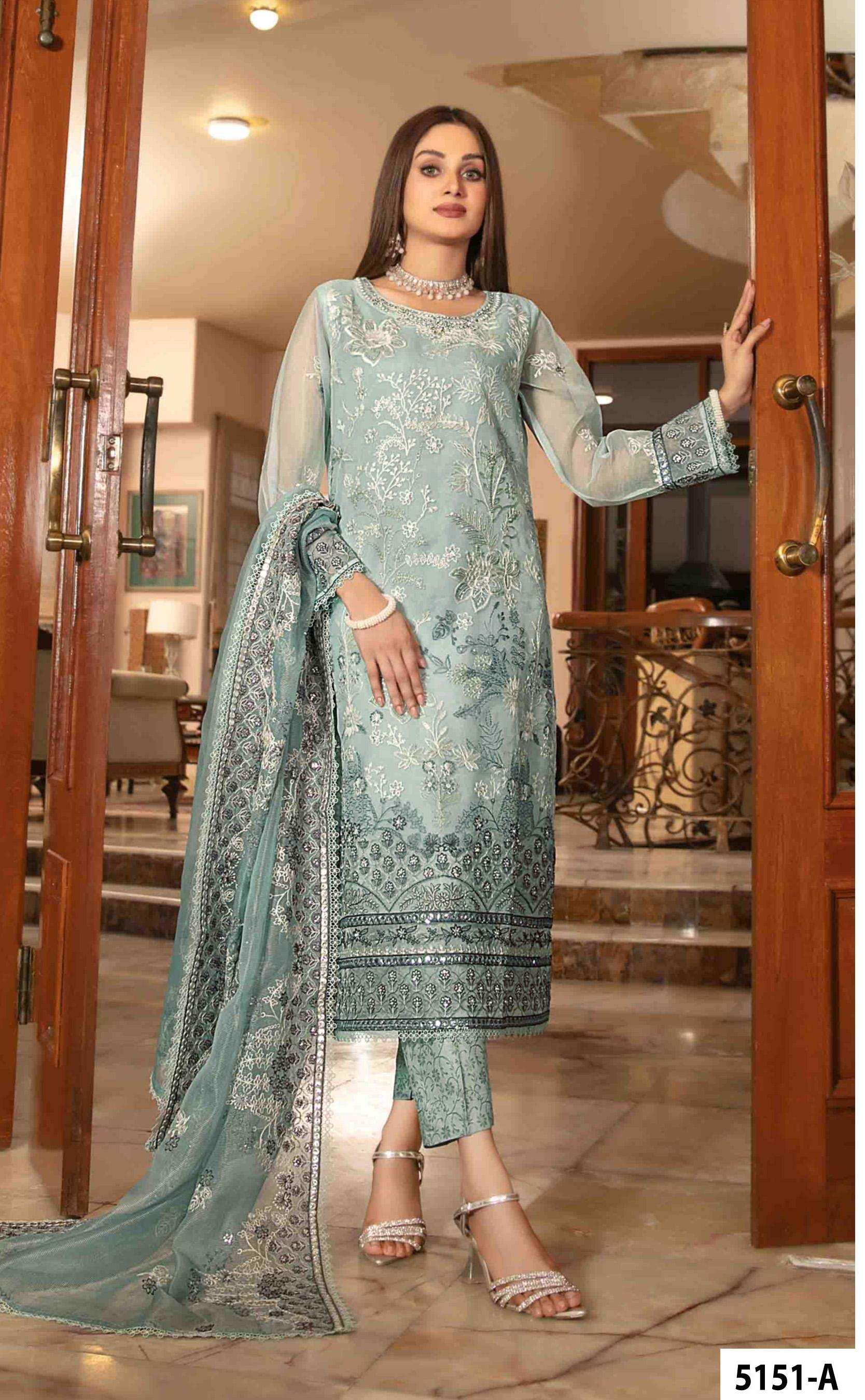 INDIAN DESIGNER FANCY WEDDING PARTY WEAR SEA GREEN ORGANZA SILK PAKISTANI SALWAR SUIT JG 5151 A
