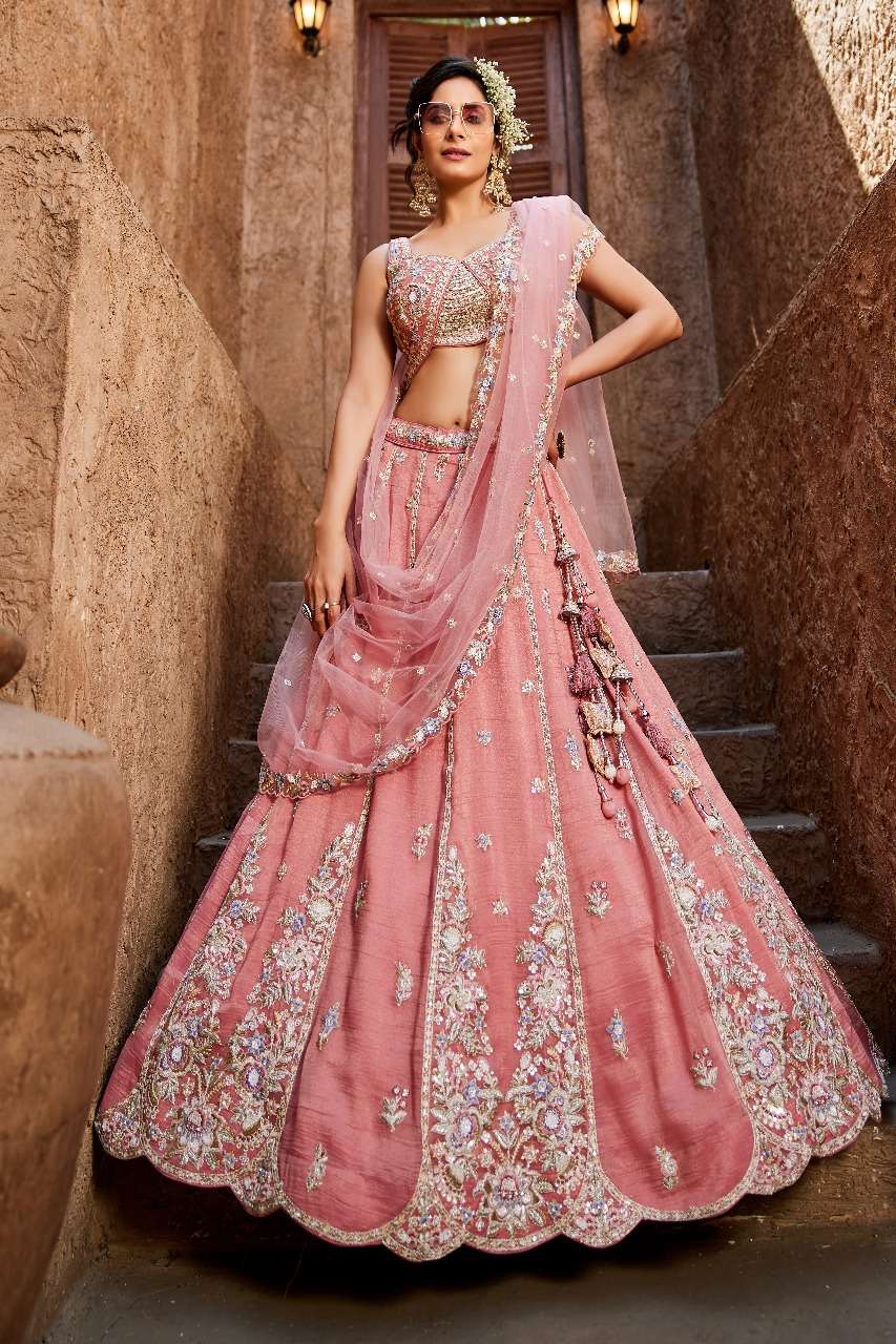INDIAN DESIGNER PINK BOLLYWOOD BRIDAL WEDDING PARTY WEAR HEAVY TISSUE SILK HAND WORK LEHENGA CHOLI NT 6110 A