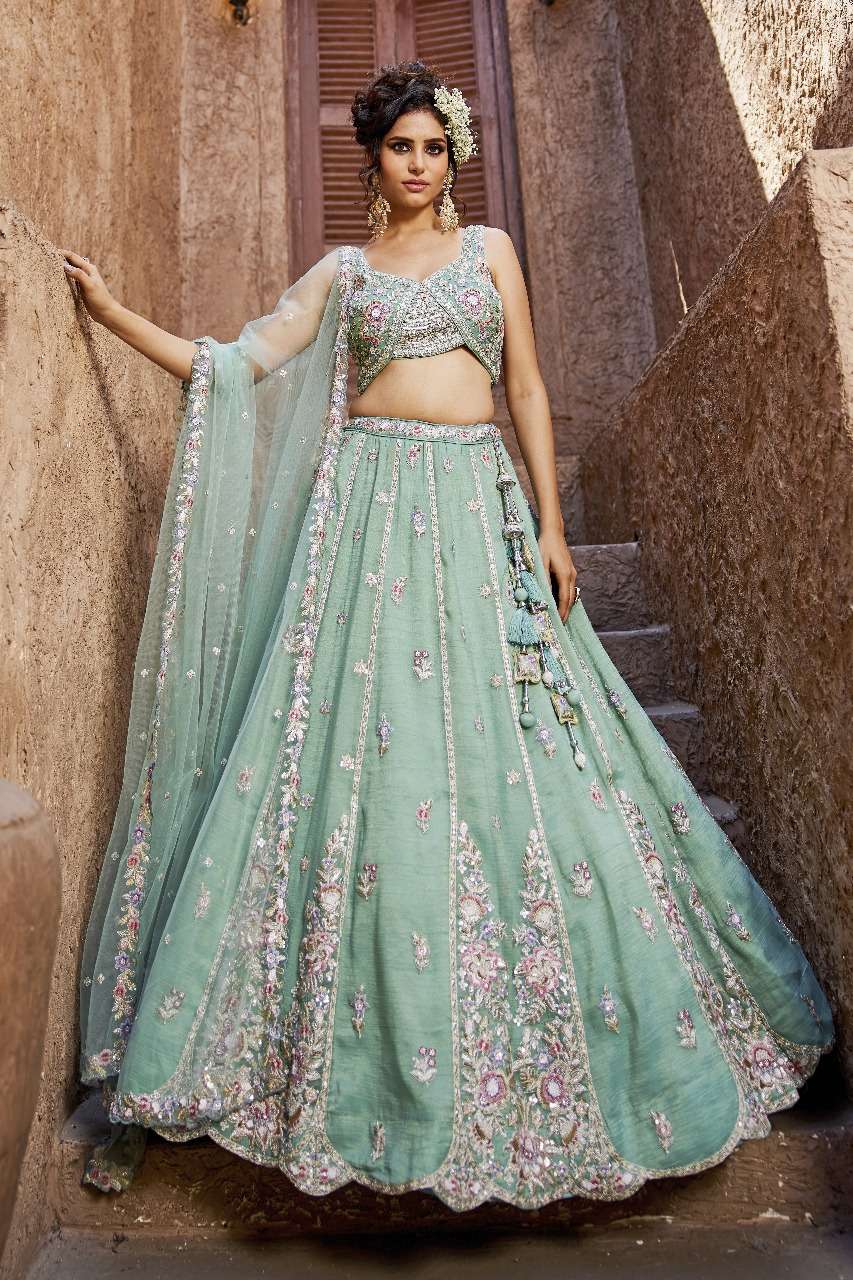 INDIAN DESIGNER SKY BLUE BOLLYWOOD BRIDAL WEDDING PARTY WEAR HEAVY TISSUE SILK HAND WORK LEHENGA CHOLI NT 6110 B