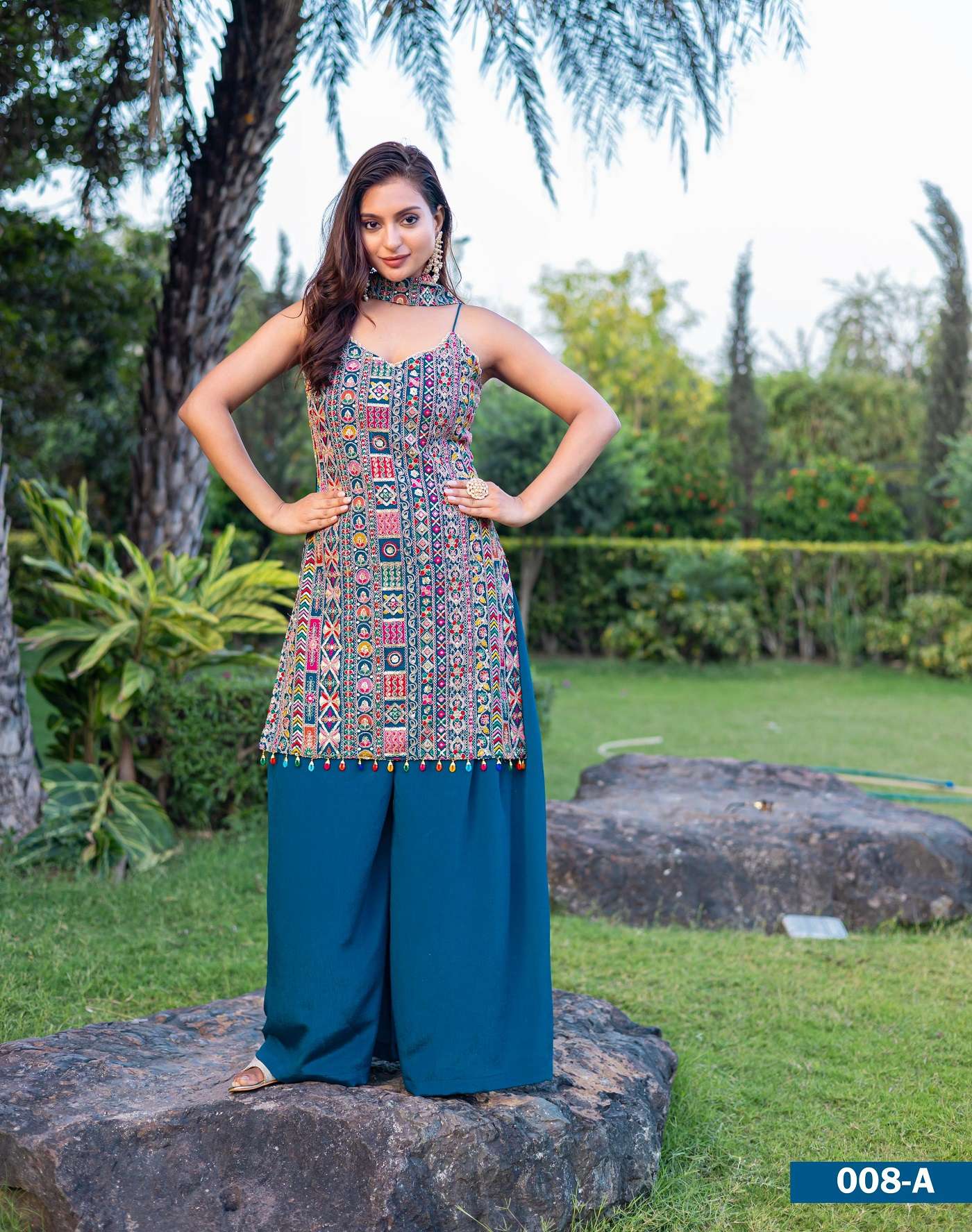 INDIAN DESIGNER WEDDING PARTY WEAR REAL CHINON READYMADE BLUE SHARARA PALLAZO SALWAR SUIT TT 8 A