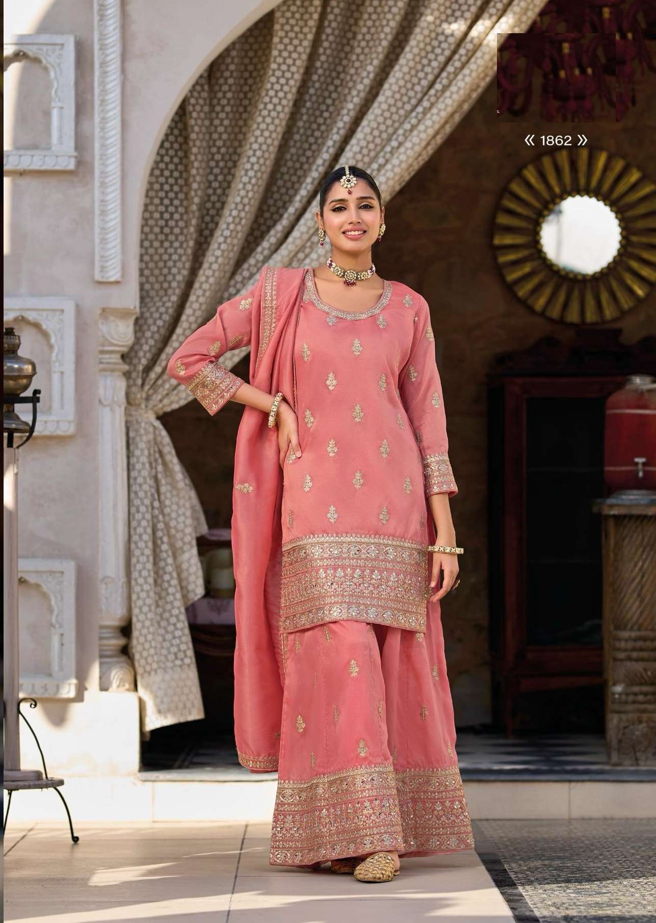 INDIAN DESIGNER WEDDING PARTY WEAR SIMAR SILK PEACH PALLAZO SHARARA SALWAR SUIT DST EB HEERAMANDI 1863