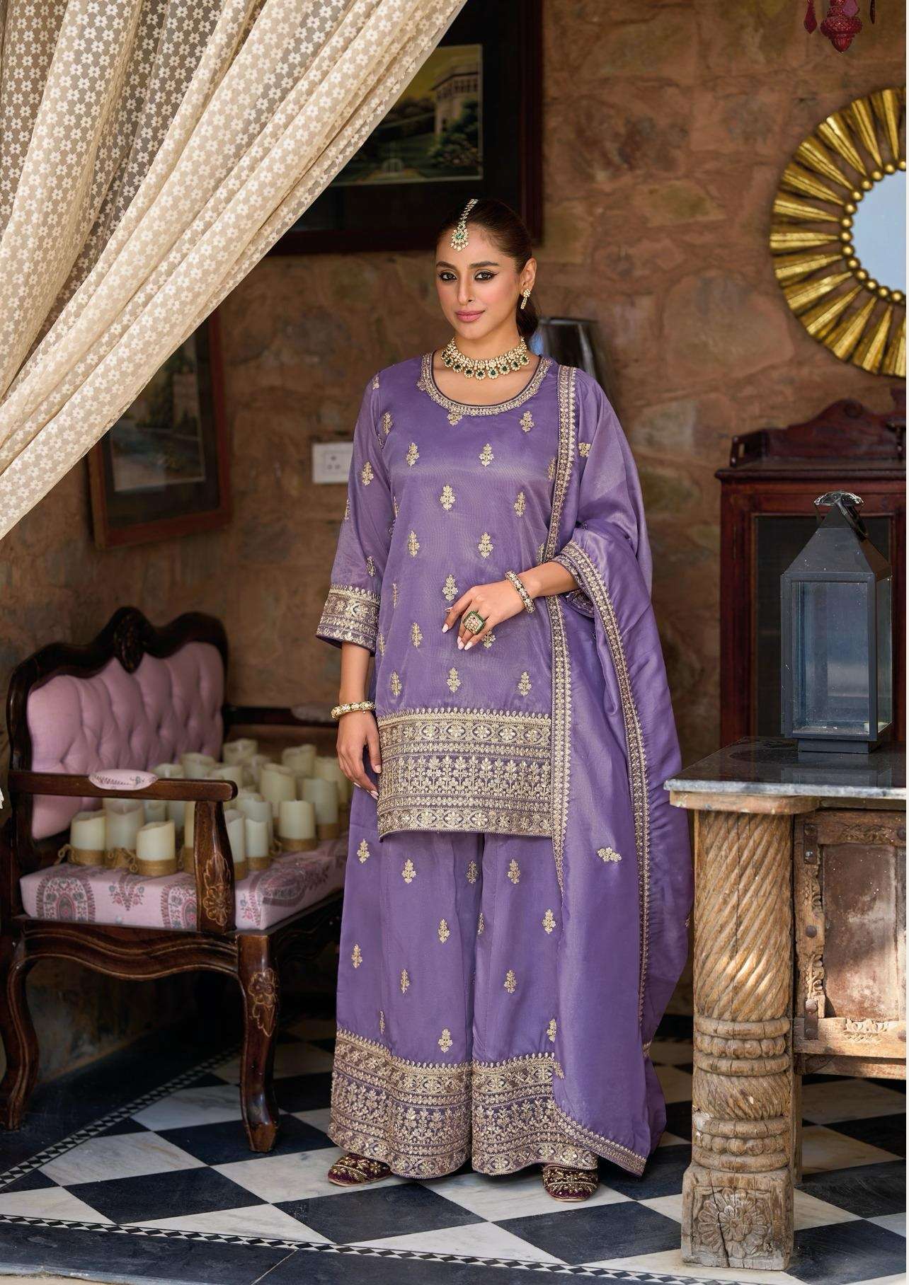 INDIAN DESIGNER WEDDING PARTY WEAR SIMAR SILK PURPLE PALLAZO SHARARA SALWAR SUIT DST EB HEERAMANDI 1863