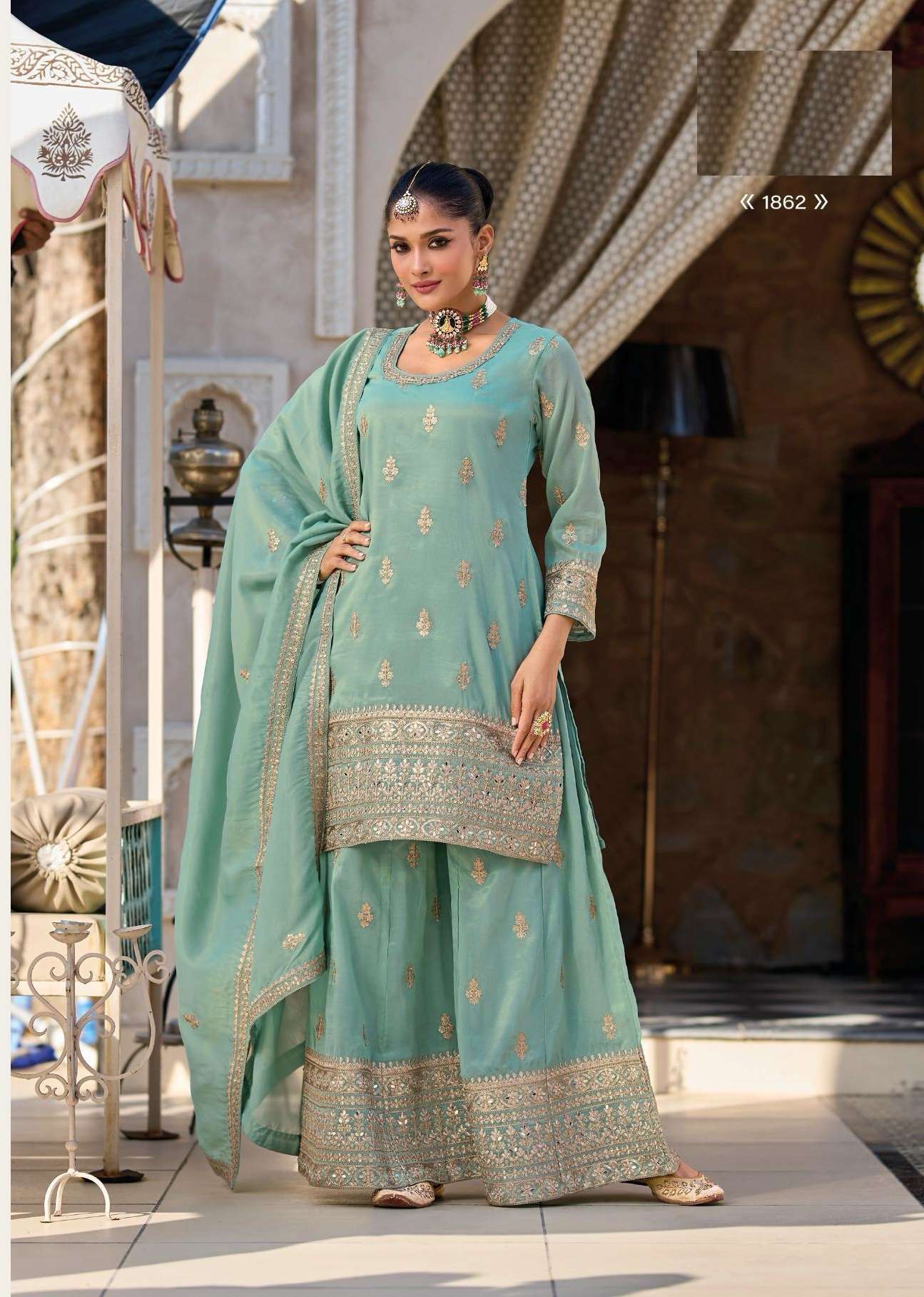 INDIAN DESIGNER WEDDING PARTY WEAR SIMAR SILK SKY BLUE PALLAZO SHARARA SALWAR SUIT DST EB HEERAMANDI 1861