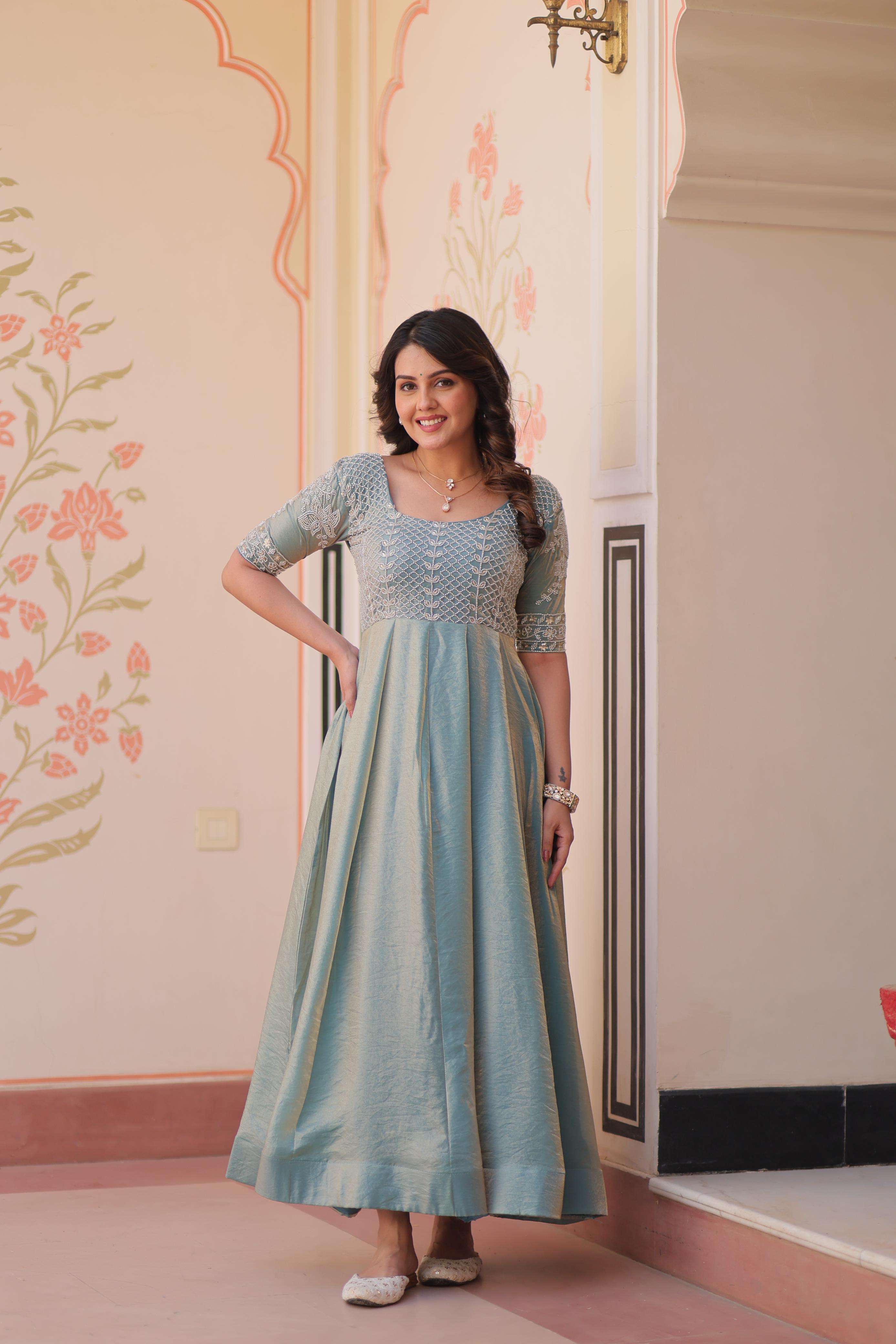 LATEST DESIGNER PARTY WEAR FENDY SILK READY MADE SKY COLOR ANARKALI LONG GOWN LW 9239 A