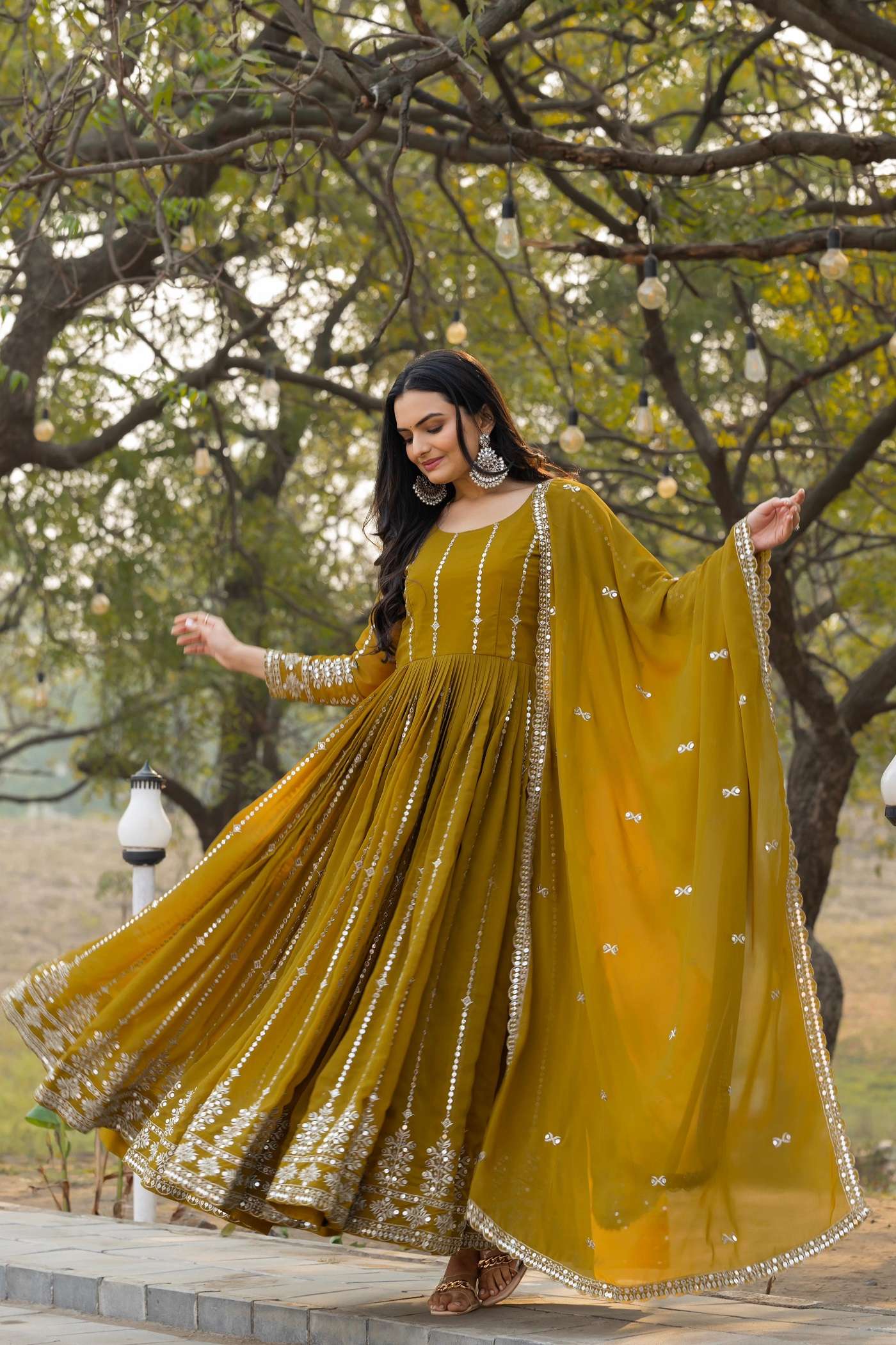LATEST DESIGNER REAL GEORGETTE LEMON YELLOW ANARKALI GOWN FOR WEDDING PARTY WEAR SALWAR SUIT LONG GOWN PC 90 B