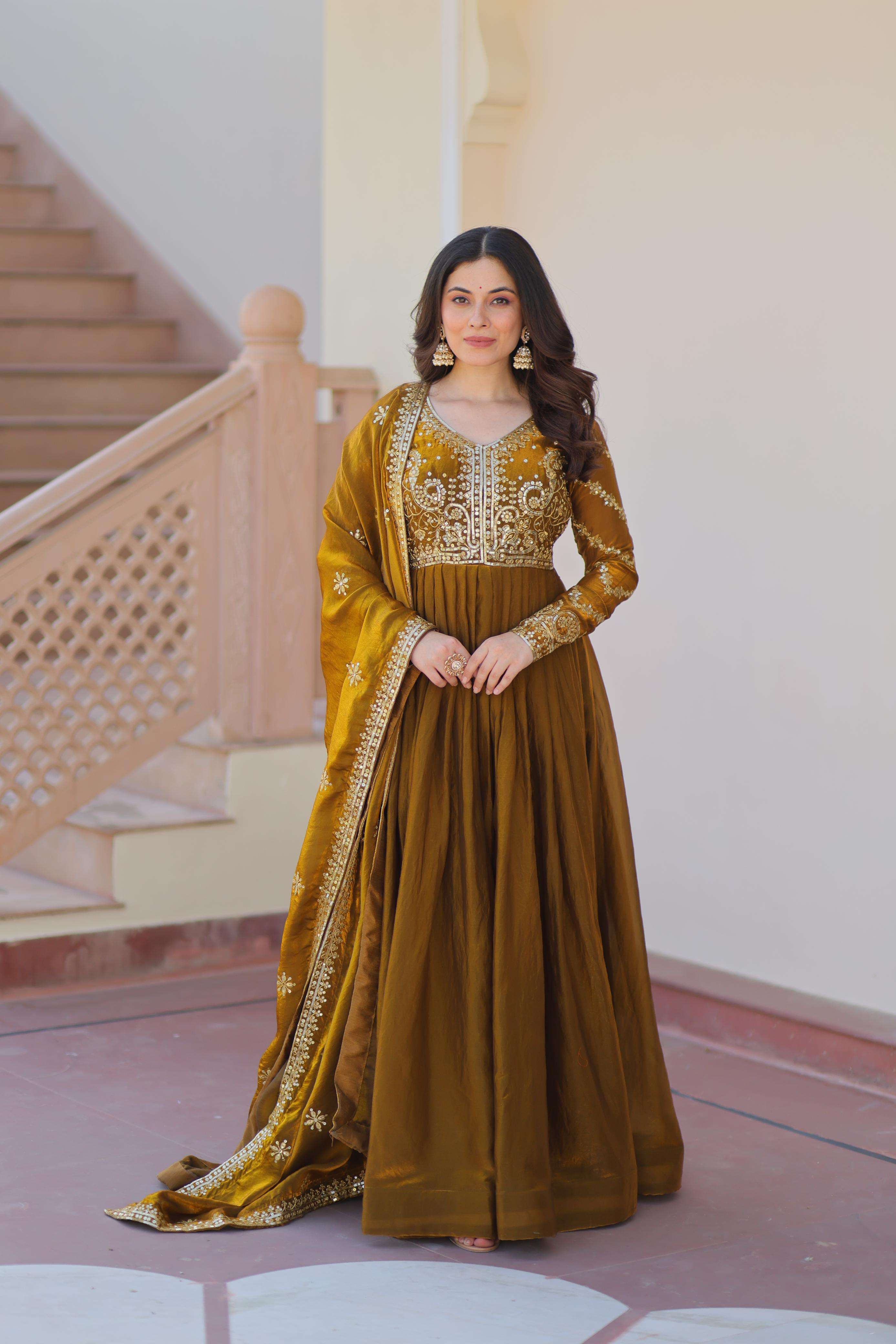 LATEST DESIGNER WEDDING PARTY WEAR FENDI FABRIC READYMADE LEMON YELLOW ANARKALI SUIT LONG GOWN LW 9234 A
