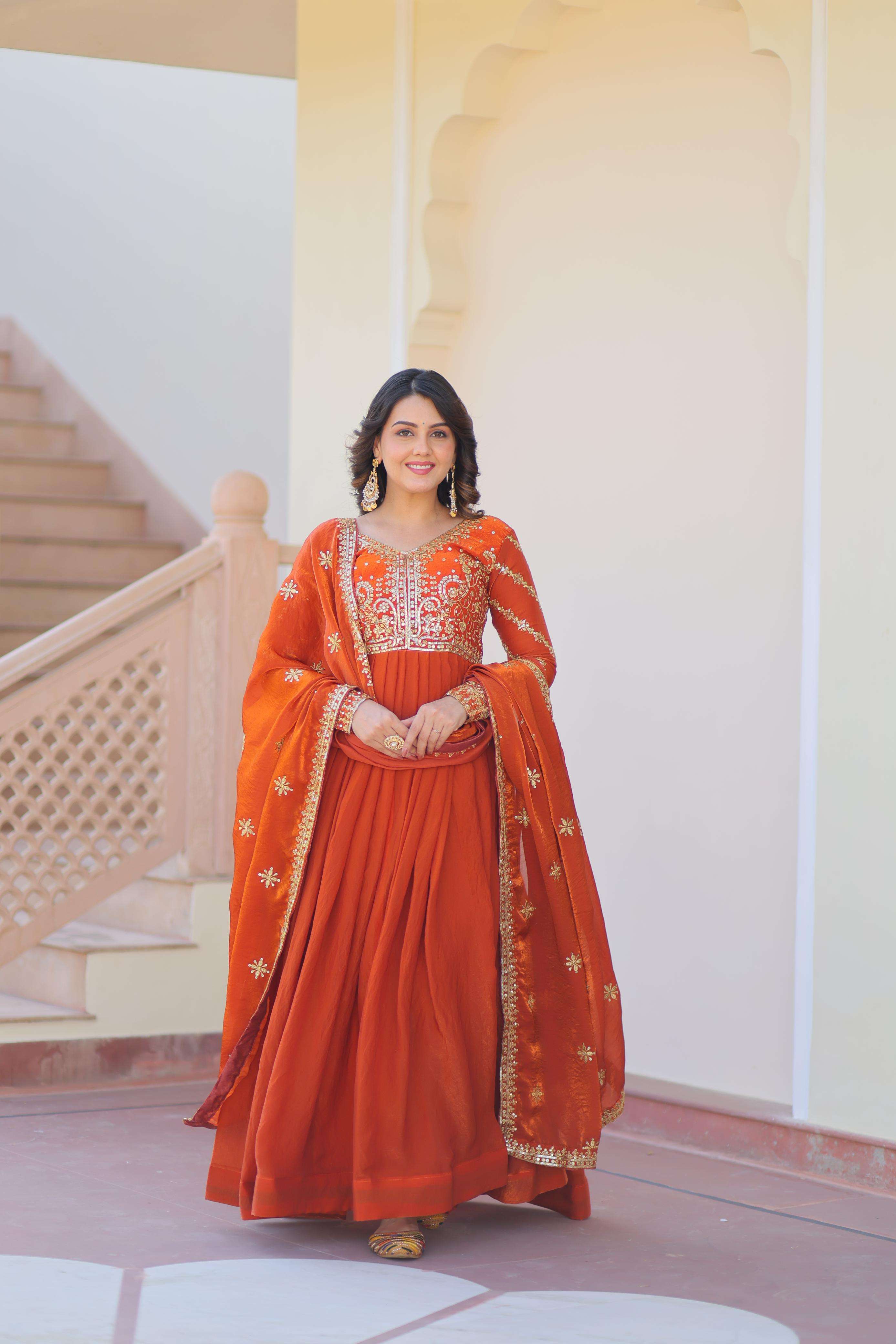 LATEST DESIGNER WEDDING PARTY WEAR FENDI FABRIC READYMADE ORANGE ANARKALI SUIT LONG GOWN LW 9234 B