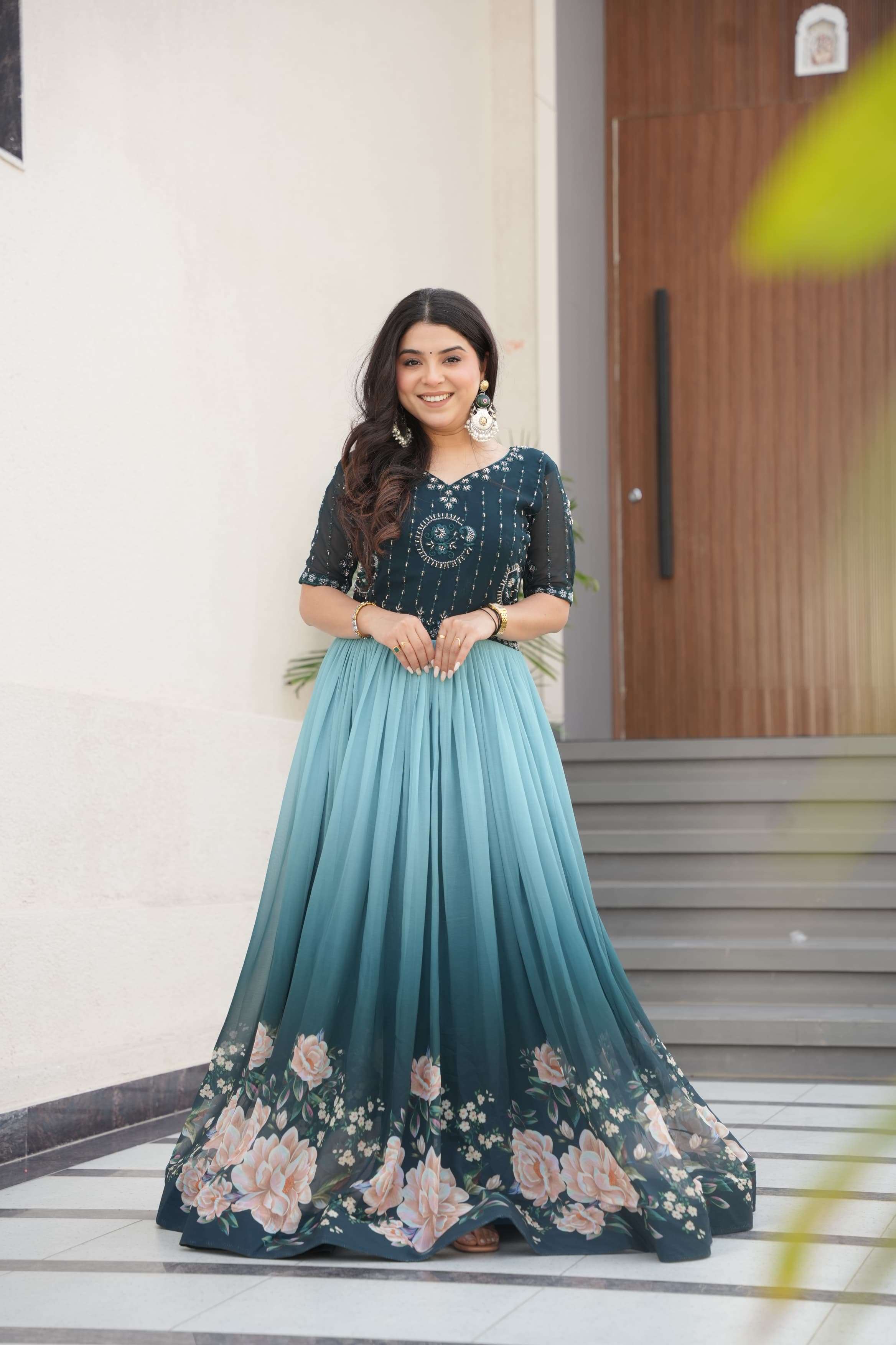 LATEST DESIGNER WEDDING PARTY WEAR READYMADE BLOOMING FAUX SKY BLUE ANARKALI SUIT LONG GOWN KU 1168 A