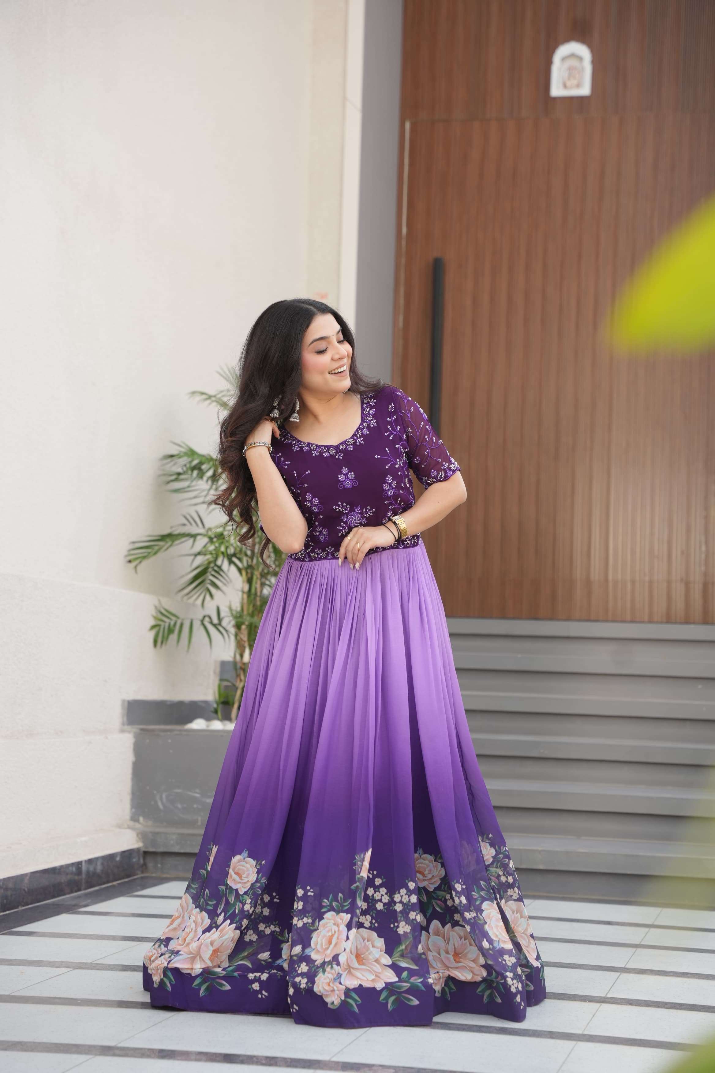 LATEST DESIGNER WEDDING PARTY WEAR READYMADE BLOOMING FAUX PURPLE ANARKALI SUIT LONG GOWN KU 1168 B