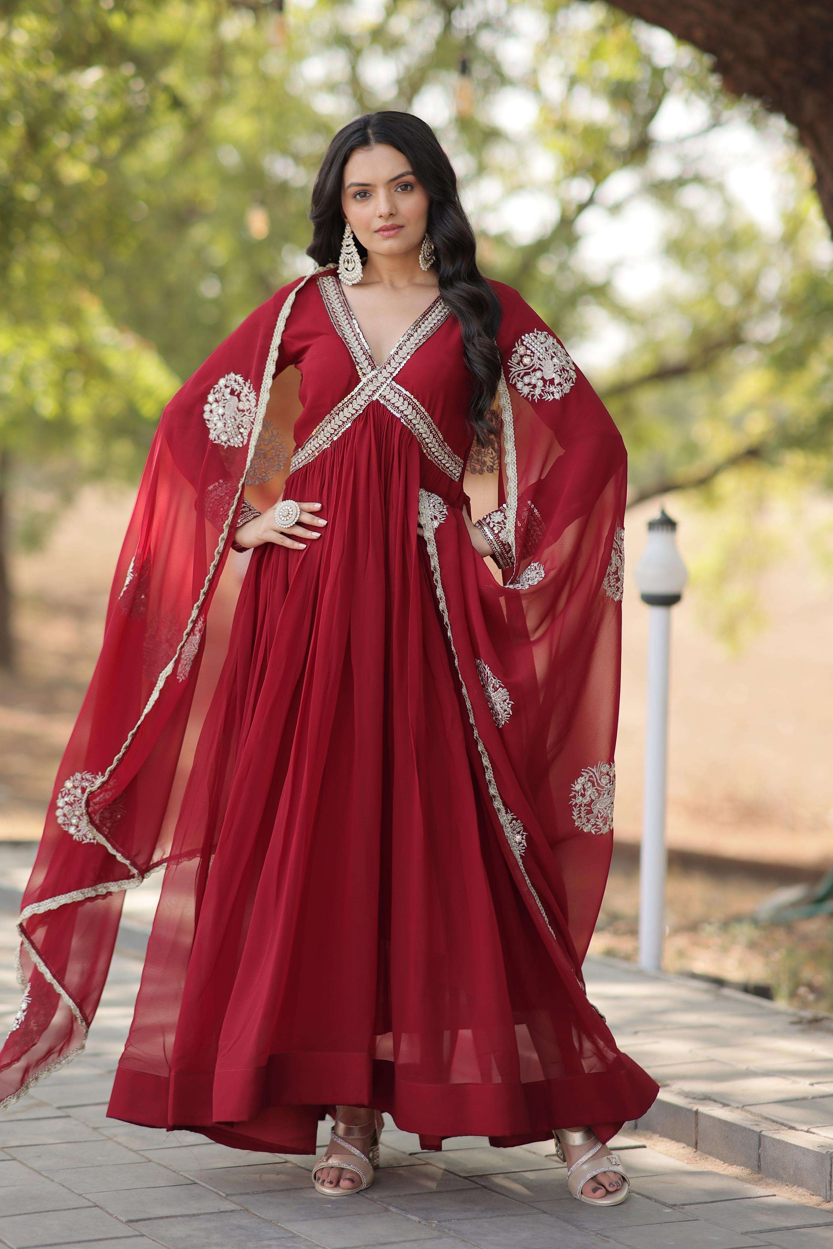 LATEST DESIGNER WEDDING PARTY WEAR READYMADE BLOOMING GEORGETTE RED ANARKALI SUIT LONG GOWN KU 1107 A