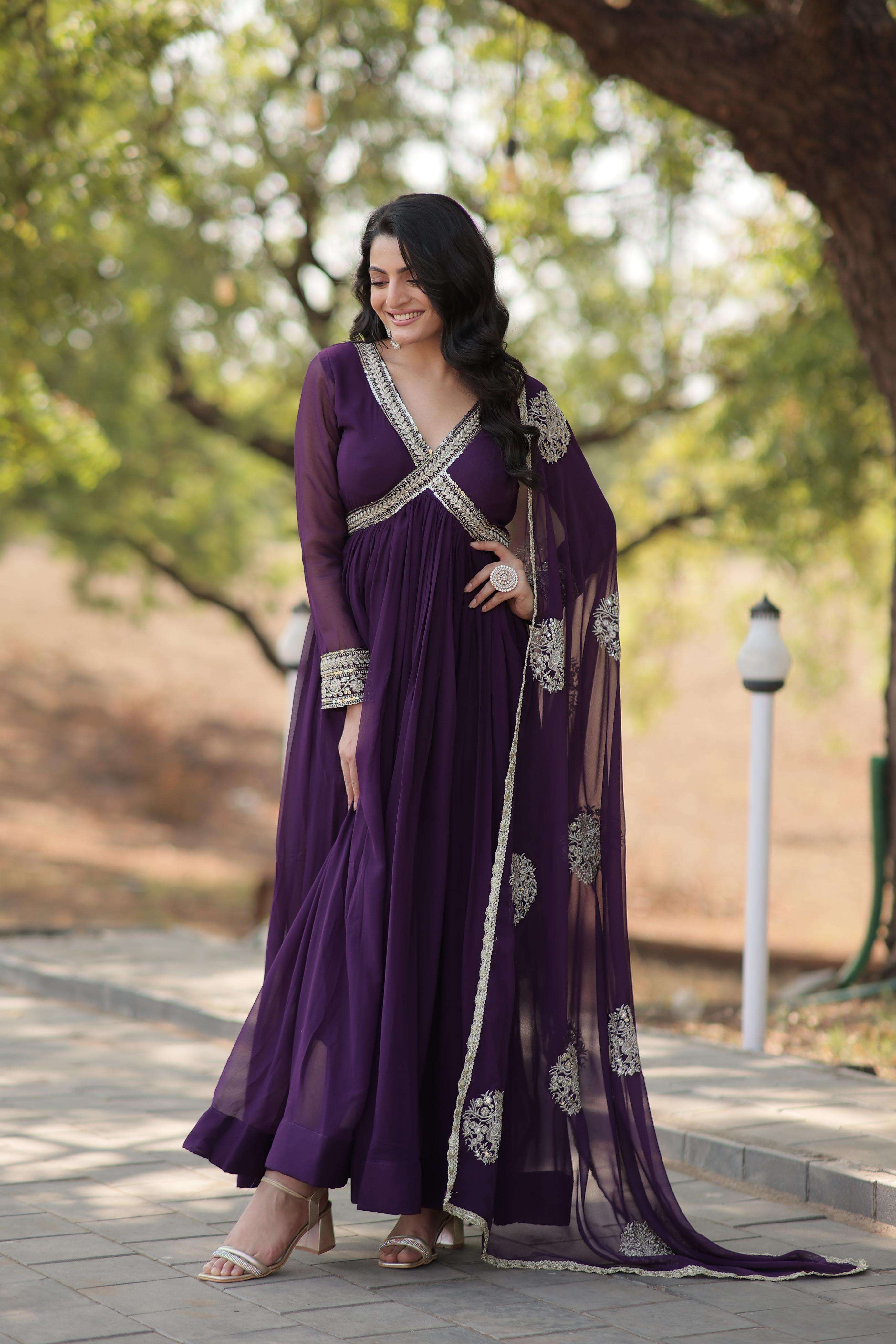 LATEST DESIGNER WEDDING PARTY WEAR READYMADE BLOOMING GEORGETTE PURPLE ANARKALI SUIT LONG GOWN KU 1107 B