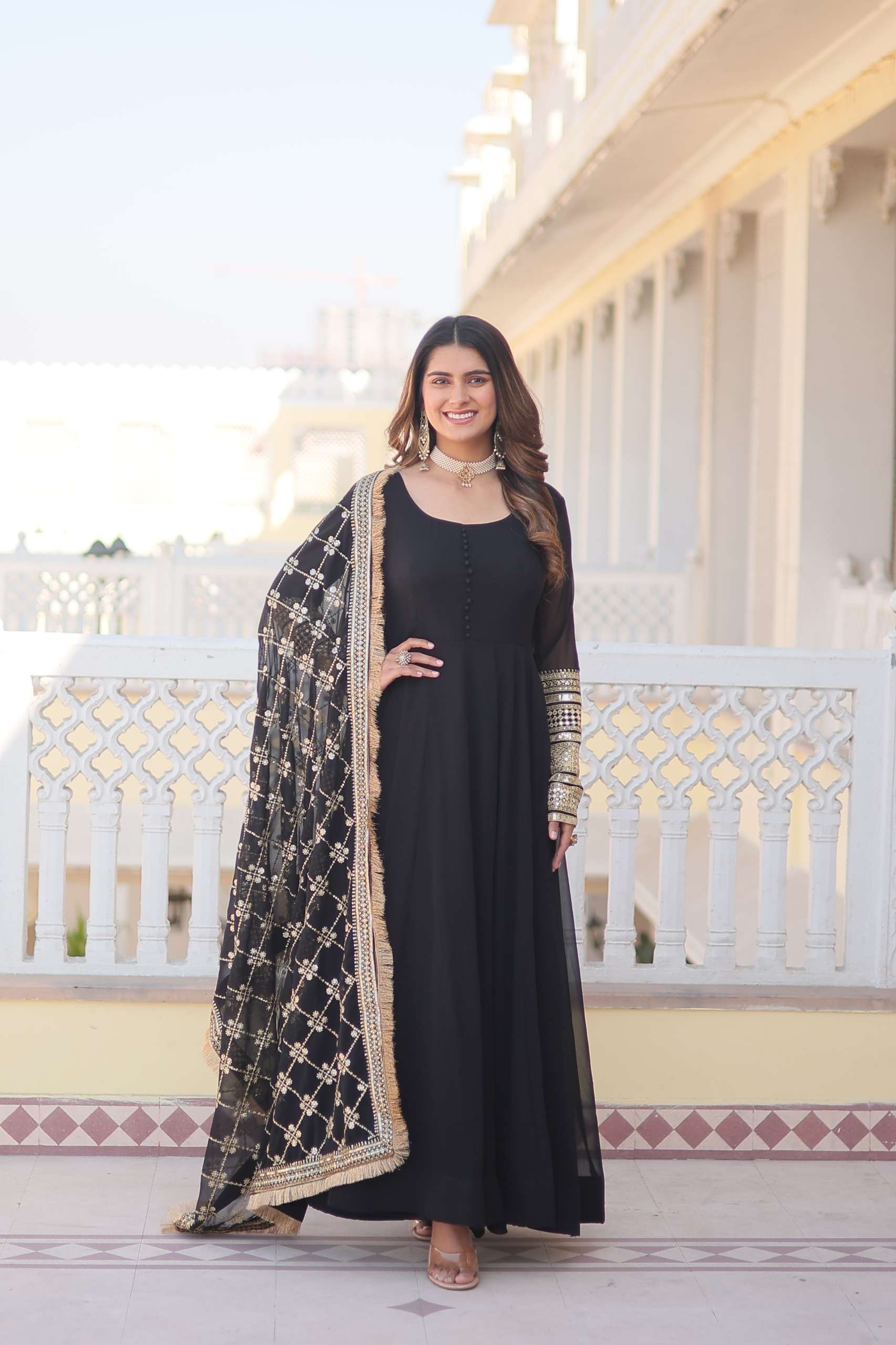 LATEST DESIGNER WEDDING PARTY WEAR READYMADE GEORGETTE BLACK ANARKALI SUIT LONG GOWN KU 1070 A